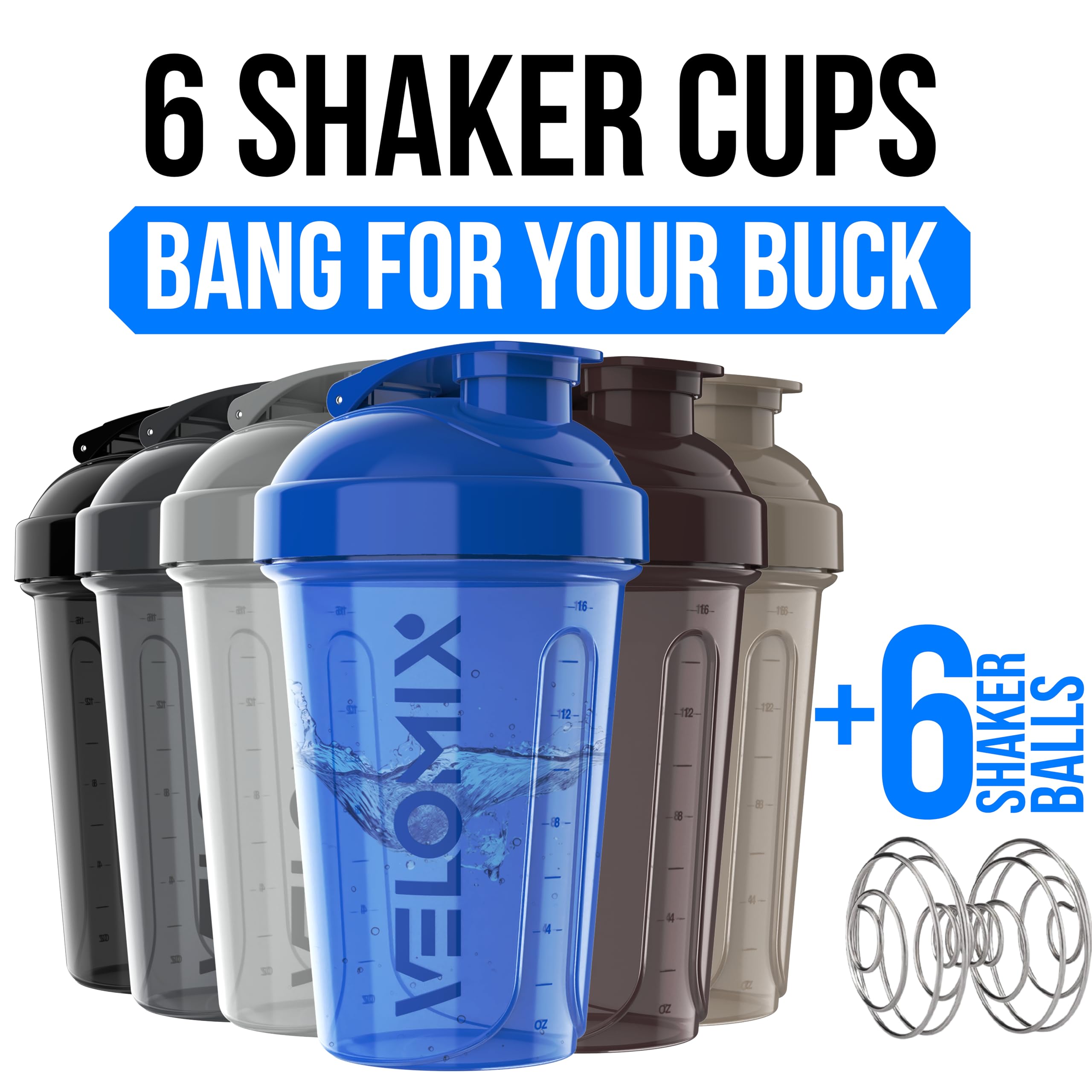VELOMIX -6 PACK- 20 oz Protein Shaker Bottle for Protein Mixes - 6x Wire Whisk | Leak Proof Shaker Cups for Protein Shakes| Stackable Protein Shaker Bottle Pack | Dishwasher Safe (ALL IN BLACK)