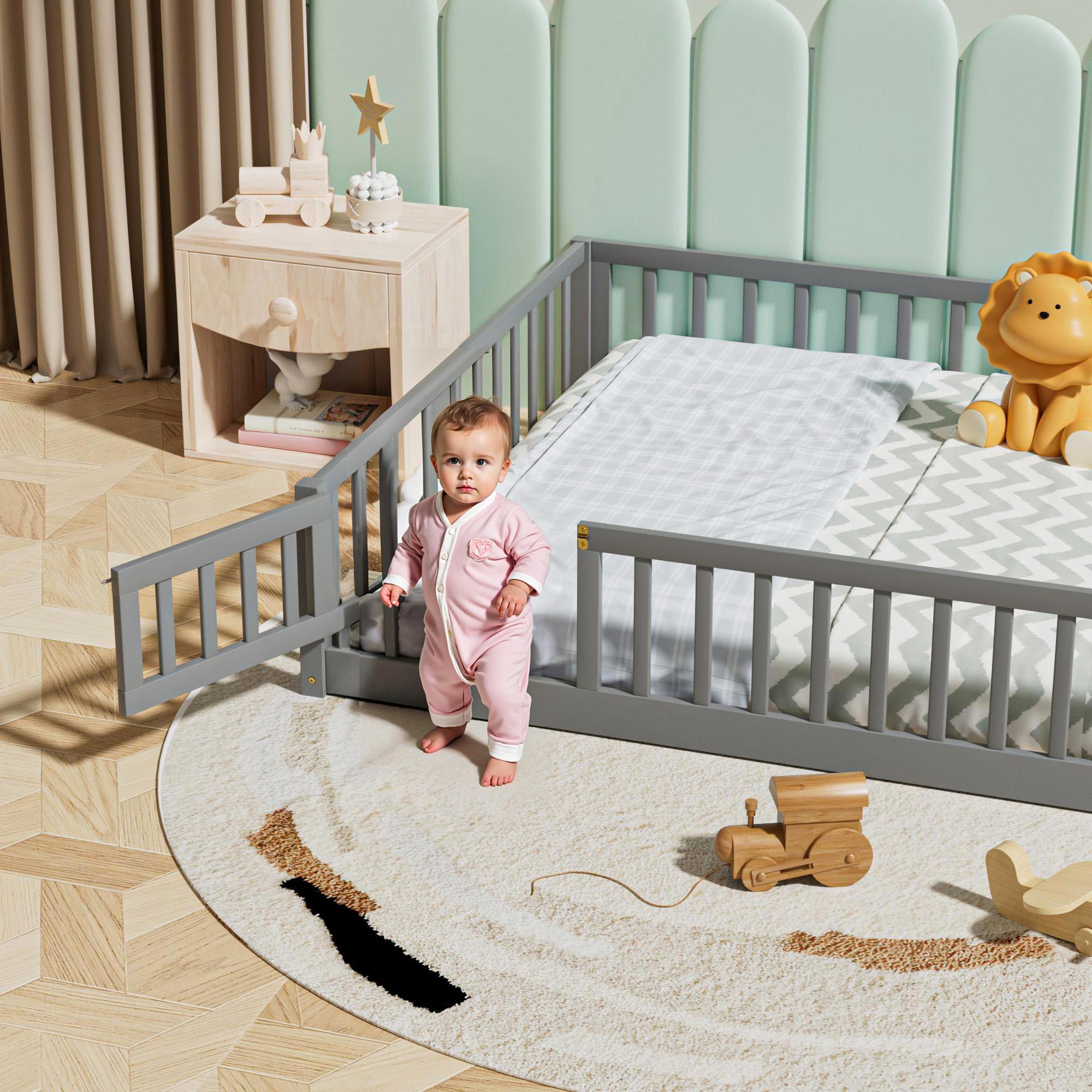 i-POOK Queen Floor Bed for Children, Sturdy Wood Montessori Bed Frame with Wood Slats, High Fence & Small Door for Girls and Boys, Espresso (with Bed Slats)