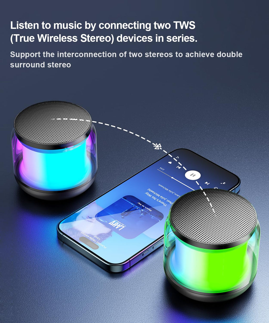 Mini Portable Bluetooth Speaker, TWS Pairing Bass LED Lights, Rechargeable | Long Playtime, Stereo Sound, BT 5.3, Home & Outdoor, AUX Input, TF Card, Lanyard, Christmas Birthday Gifts for Men Women Kids