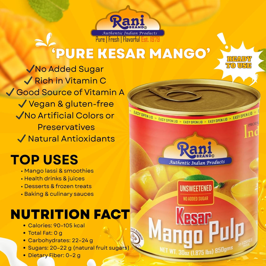 Rani Mango Pulp Puree (Makes Mango Lassi Shakes) Alphonso Sweetened 30oz (1.875lbs) 850g ~ Kosher | All Natural | NON-GMO | Vegan | No colors | Gluten Friendly | Indian Origin