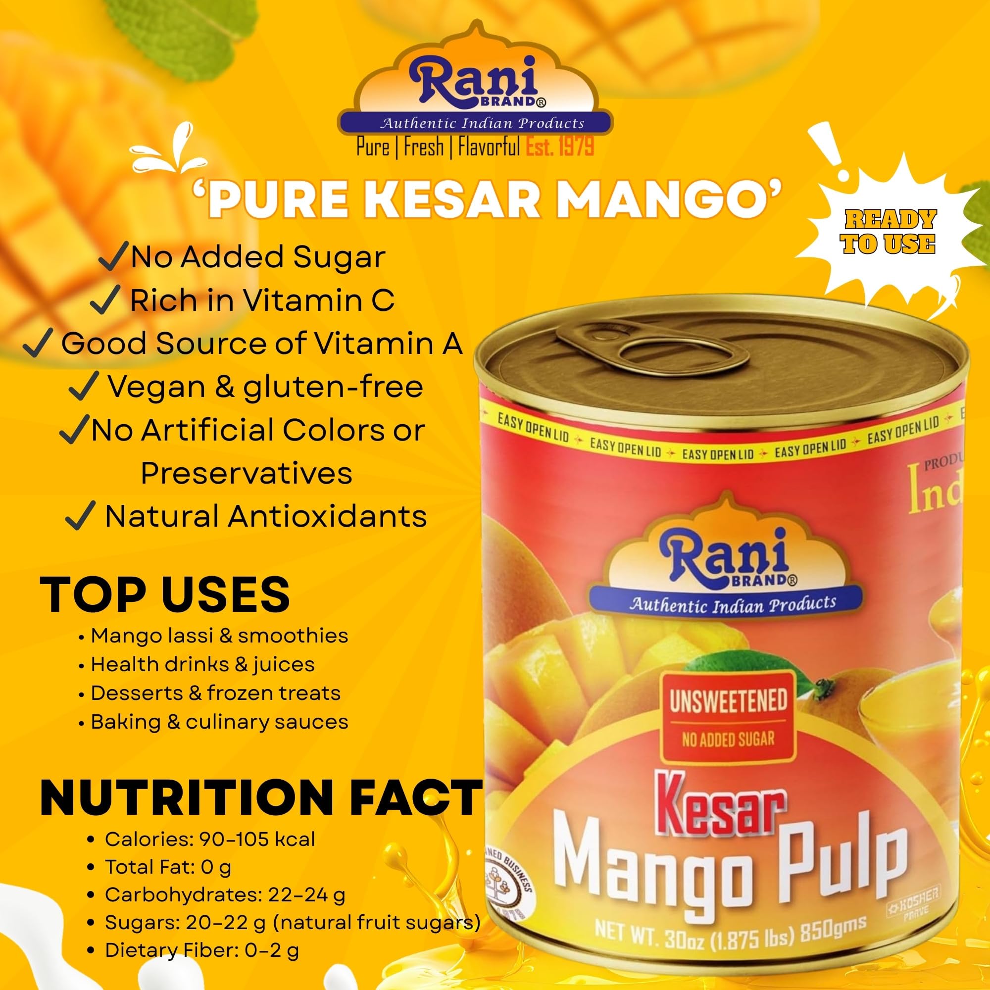 Rani Mango Pulp Puree (Makes Mango Lassi Shakes) Alphonso Sweetened 30oz (1.875lbs) 850g ~ Kosher | All Natural | NON-GMO | Vegan | No colors | Gluten Friendly | Indian Origin