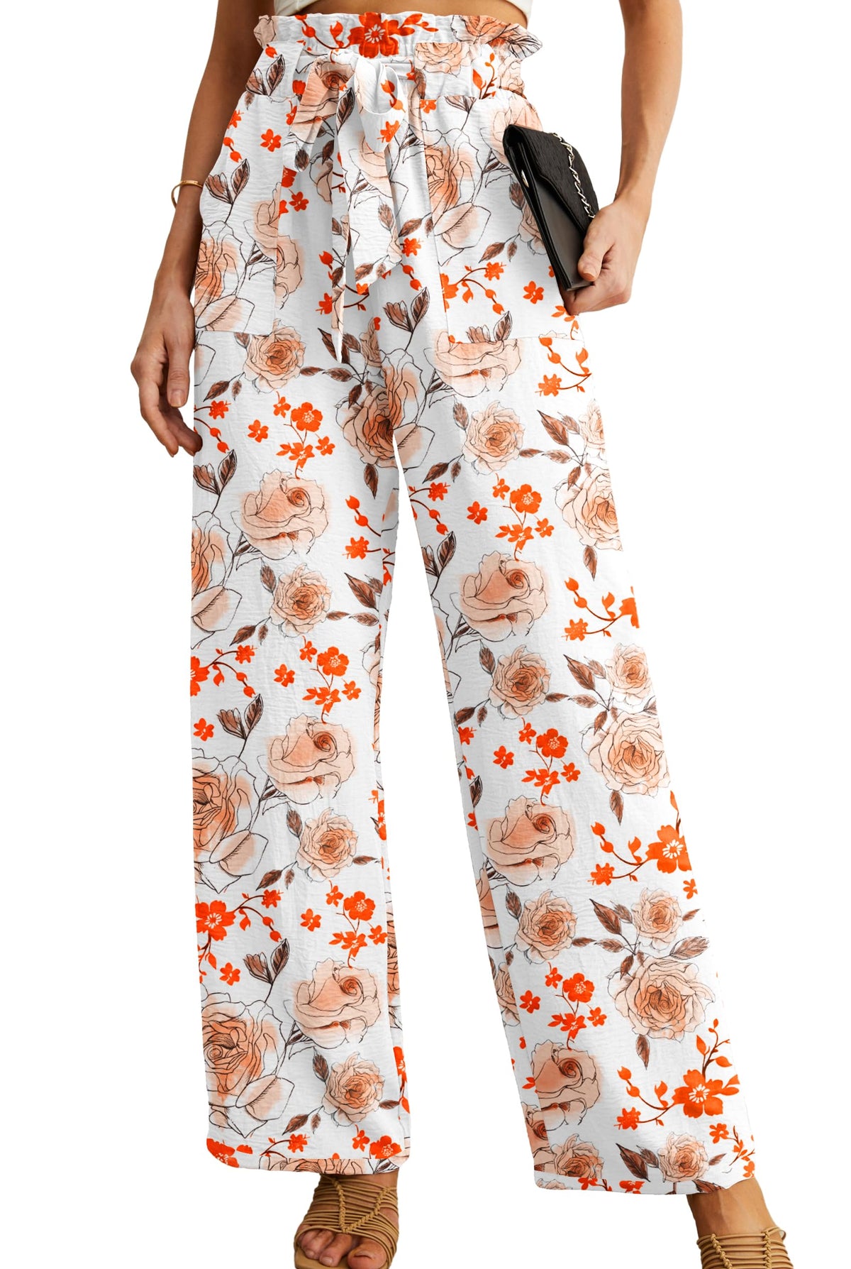 IWOLLENCE Women High Waist Palazzo Pants, Adjustable Knot Ankle Wide Leg Trousers Pockets Beach Vacation Lounge Office