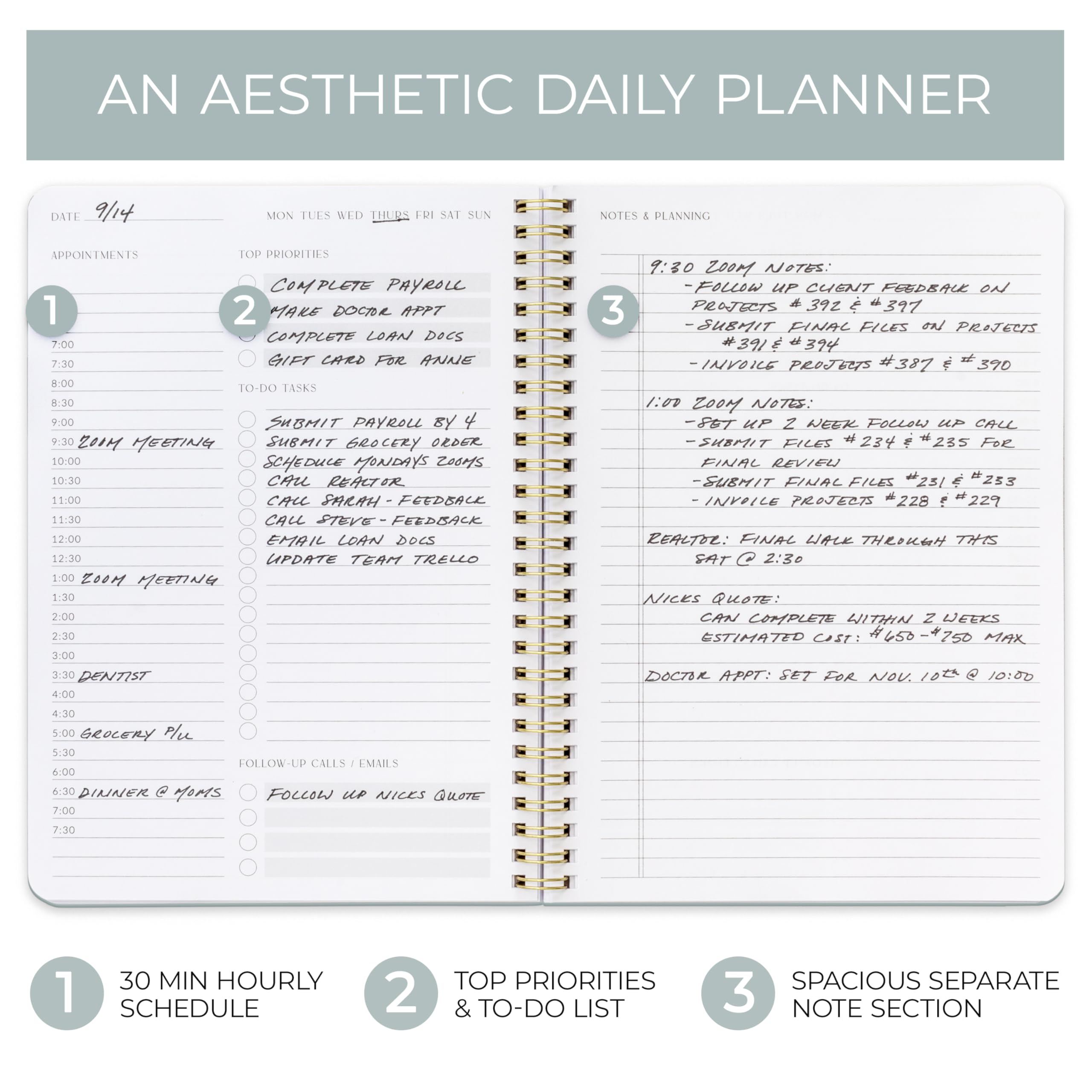 Beautiful Daily Planner And Notebook With Hourly Schedule - Aesthetic Spiral To do List Notepad to Easily Organize Your Tasks And Appointments - Stylish Book And School Or Office Supplies
