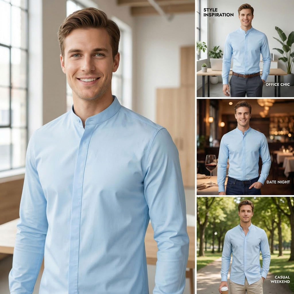 Men’s Banded Collar(Mandarin Collar) Long Sleeve Casual Solid Fancy Dress Shirts