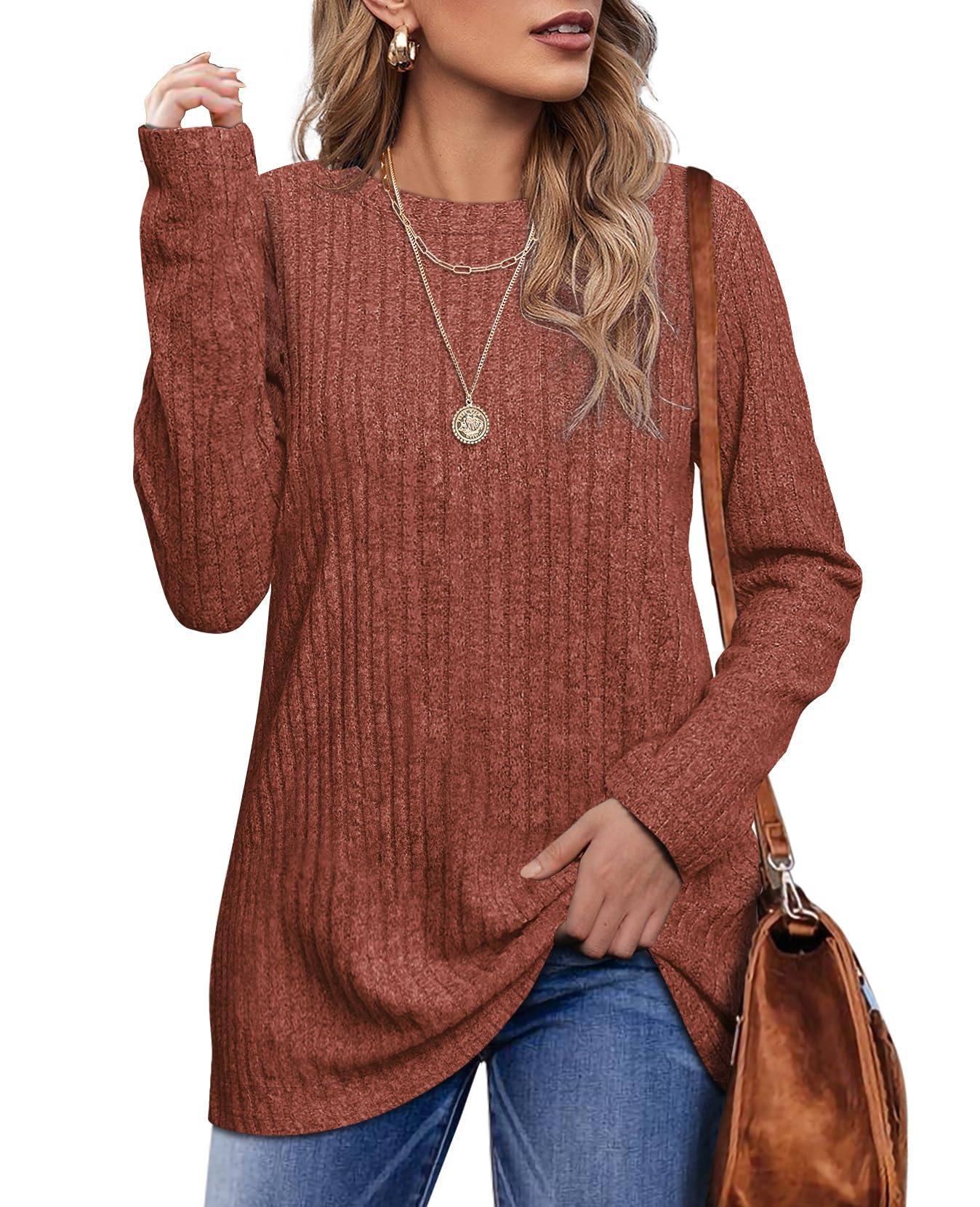 OFEEFAN Long Sleeve Shirts for Women Loose Fit Crew Neck Tunic Tops Blouse Dressy Casual Fall Winter Clothes Outfits