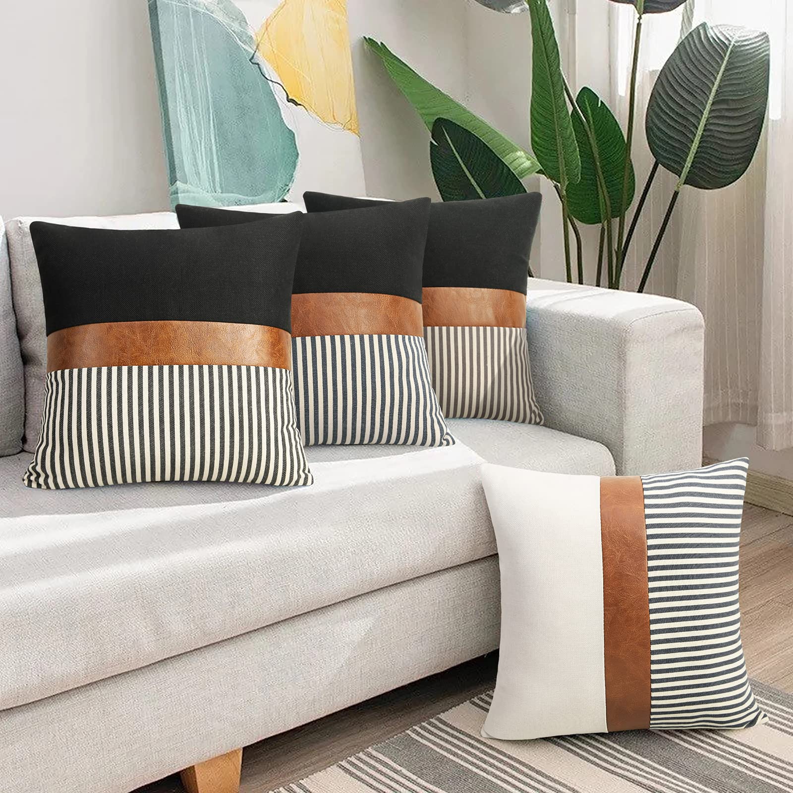 16x16 inch Pillow Covers Set of 2 Farmhouse Decor Stripe Patchwork Linen Throw Pillow Covers Modern Faux Leather Covers for Couch Sofa,Black