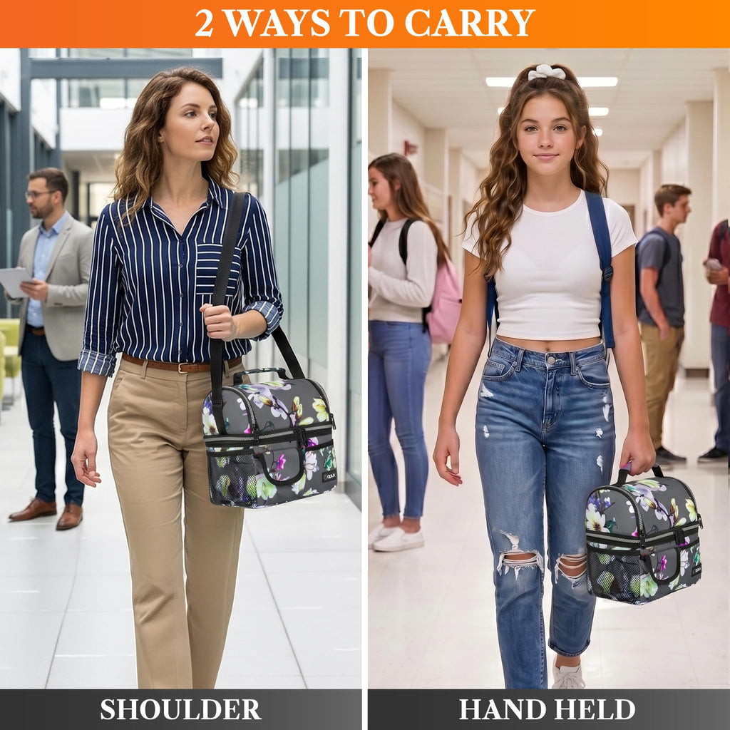 opux Insulated Lunch Bag Women Men, Dual Compartment Leakproof Lunch Box Adults Kids, Double Decker Meal Prep Bento Lunch Cooler Tote with Shoulder Strap for Work Office School Travel, Black
