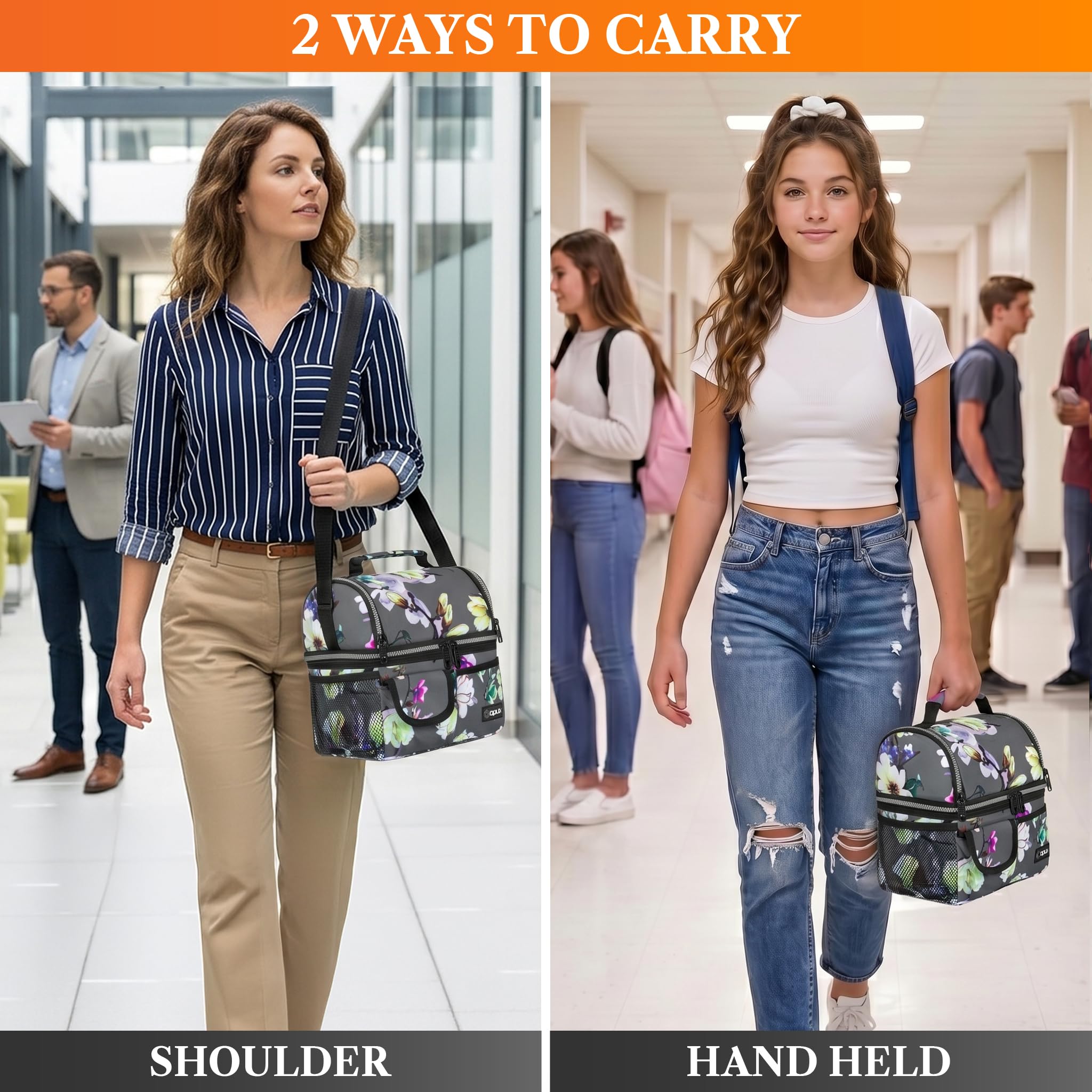 opux Insulated Lunch Bag Women Men, Dual Compartment Leakproof Lunch Box Adults Kids, Double Decker Meal Prep Bento Lunch Cooler Tote with Shoulder Strap for Work Office School Travel, Black