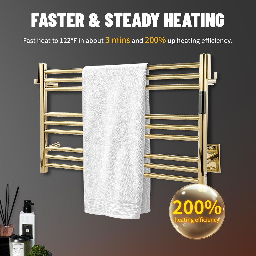 K&KALONZO Wall-Mounted 9-Bar Heated Towel Rack, Fast Heat in 2 Min, NTC Safety | 4 Timers & 3 Heat Levels Control, Plug-In/Hardwired, Top Hooks, Memory Function, Anti-Scald, Stainless Steel, EL13ML