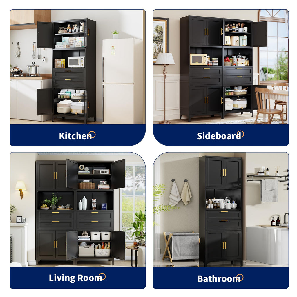 75” Tall Kitchen Pantry Storage Cabinet, Metal Storage Cabinet with 2 Drawers and Adjustable Shelves, Kitchen Pantry Cupboard, Freestanding Cupboard for Bathroom, Living Room(Black)