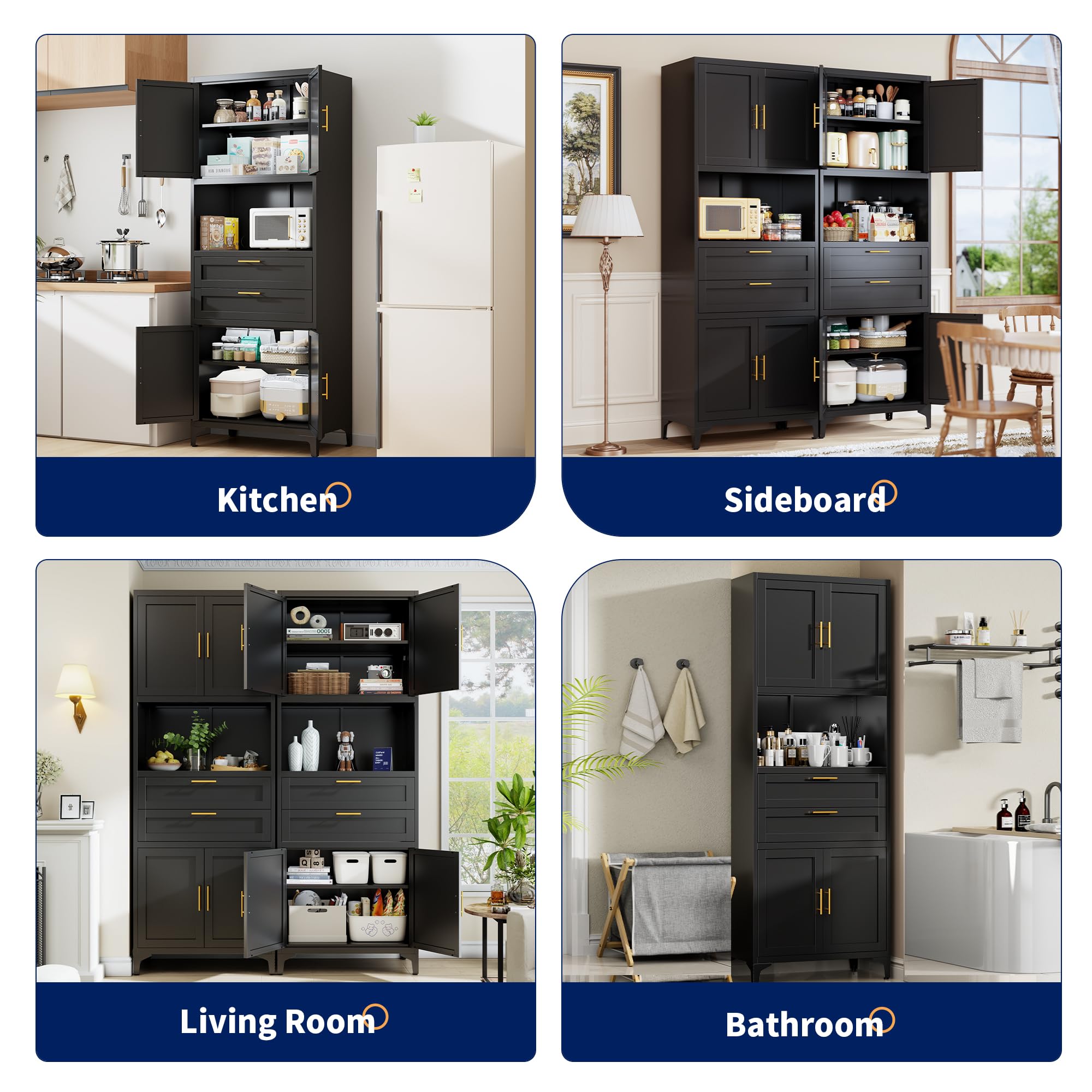 75” Tall Kitchen Pantry Storage Cabinet, Metal Storage Cabinet with 2 Drawers and Adjustable Shelves, Kitchen Pantry Cupboard, Freestanding Cupboard for Bathroom, Living Room(Black)