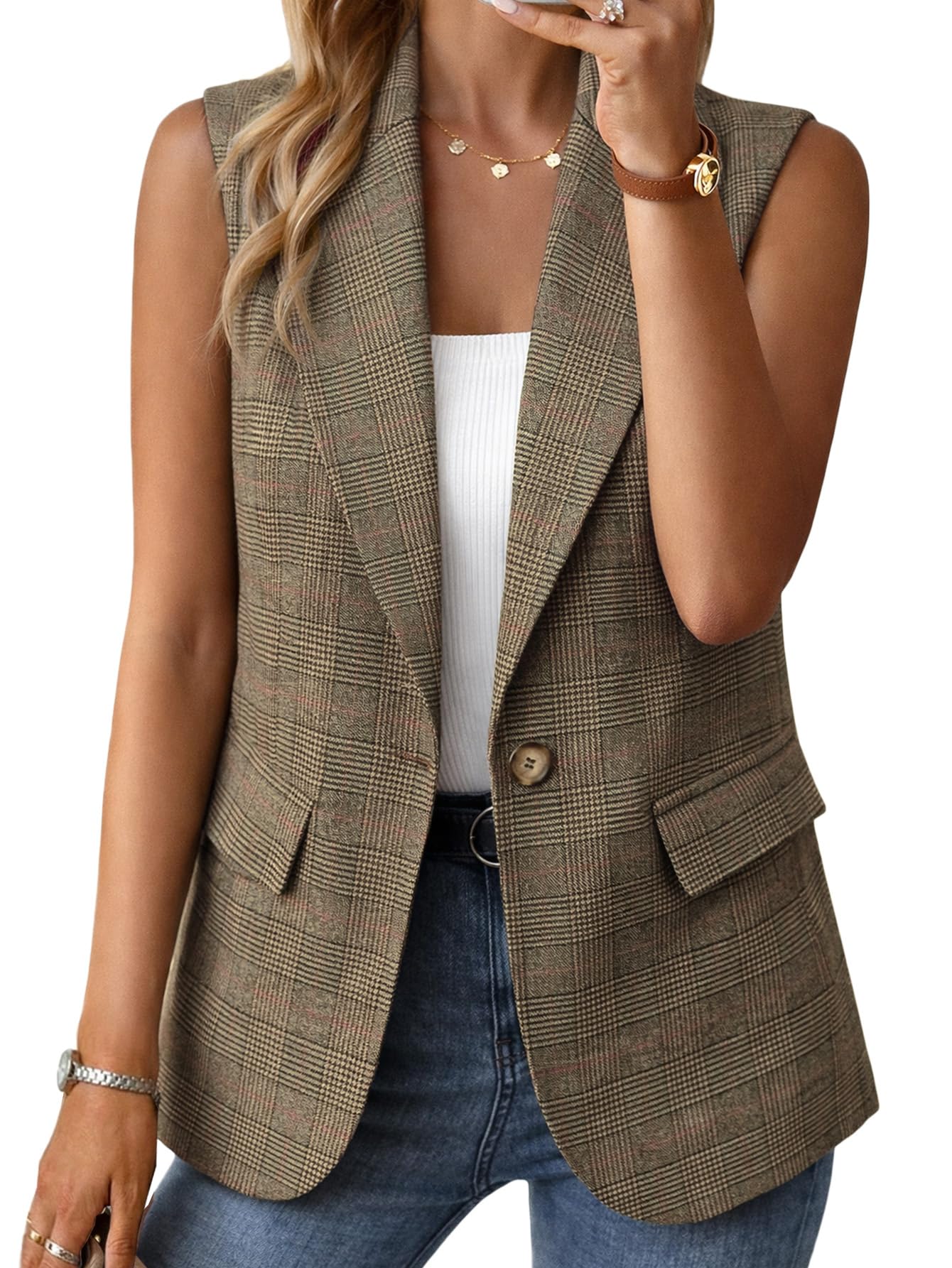 Mina Self 2026 Summer Women's Sleeveless Vest Tops - Lightweight Breathable Lined Trendy Casual Work Office Blazer - Pockets