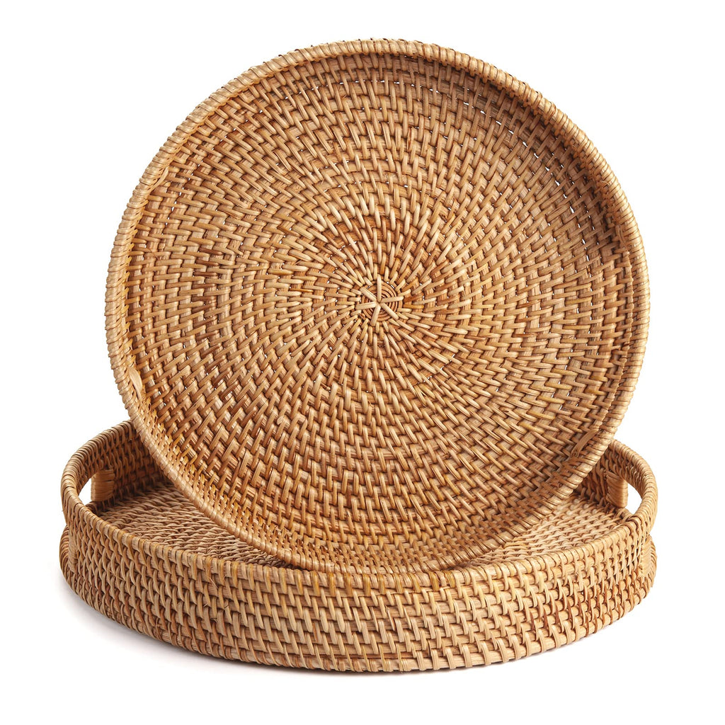Round Rattan Serving Tray Decorative Woven Ottoman Trays with Handles for Coffee Table Natural (Small 11.8 inch x 2 inch)