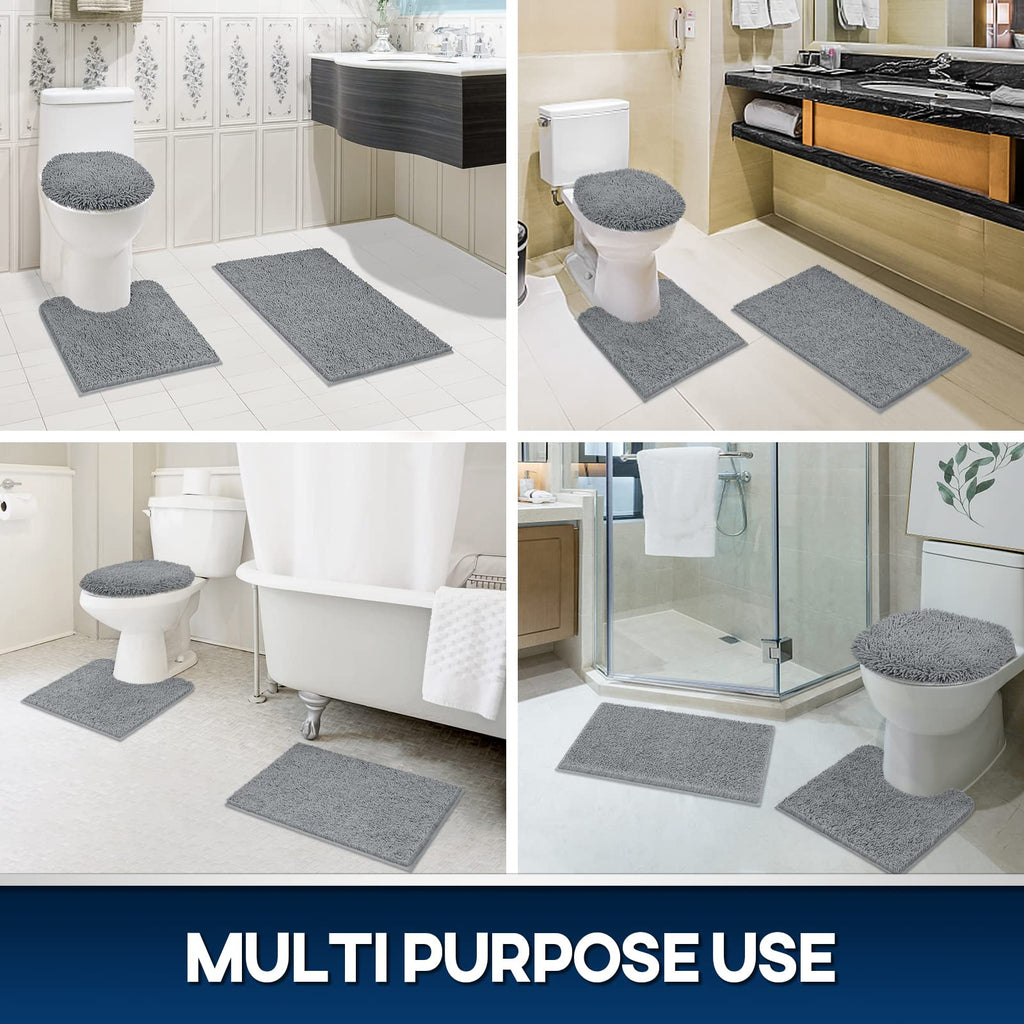 TREETONE Chenille Bath Mat 3 Pieces Bathroom Rugs Set, 20x20 Inches U-Shape Contoured Toilet Mat & 20x32 Inches Rug & Lid Cover,Water Absorbent Plush Rugs for Tub Shower & Bath Room -Beige
