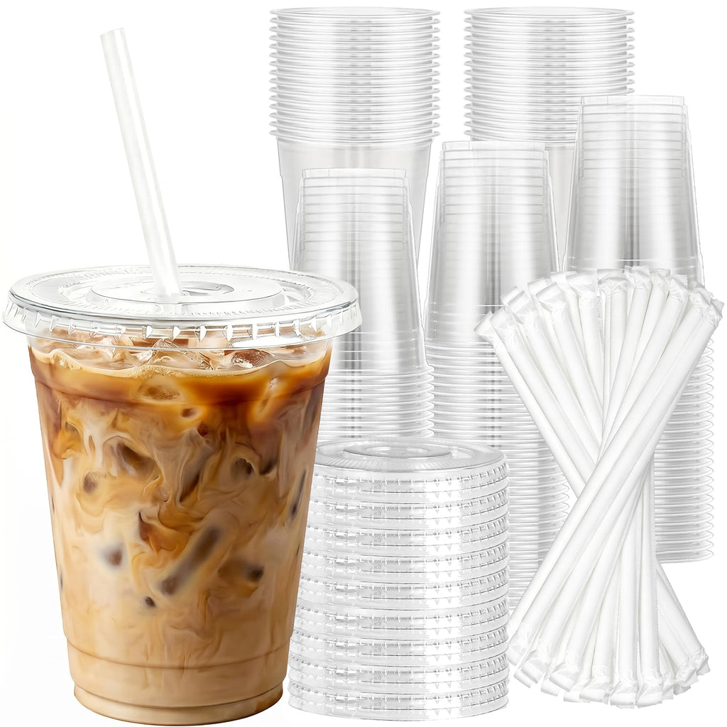 Charmount 50 Sets- 12 oz Clear Plastic Cups with Lids and Straws, Disposable To Go Cups for Cold Drinks, Iced Coffee, Milkshakes, Smoothies