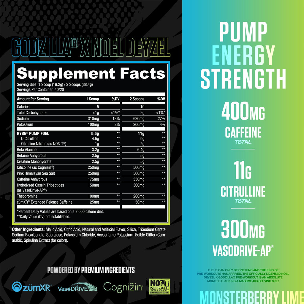 RYSE Godzilla X Noel Deyzel Pre Workout Powder - BlackBerry Lemonade - 400mg Caffeine, High Stim Pre-Workout for Men & Women with Citrulline & Beta Alanine - Energy, Pump & Focus - 20/40 Servings