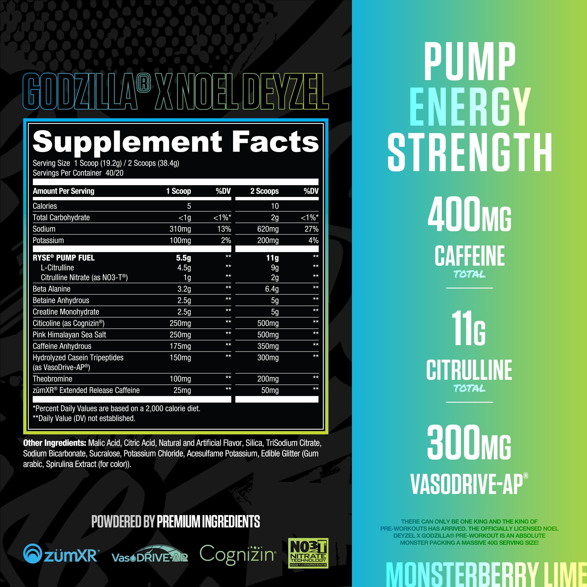 RYSE Godzilla X Noel Deyzel Pre Workout Powder - BlackBerry Lemonade - 400mg Caffeine, High Stim Pre-Workout for Men & Women with Citrulline & Beta Alanine - Energy, Pump & Focus - 20/40 Servings