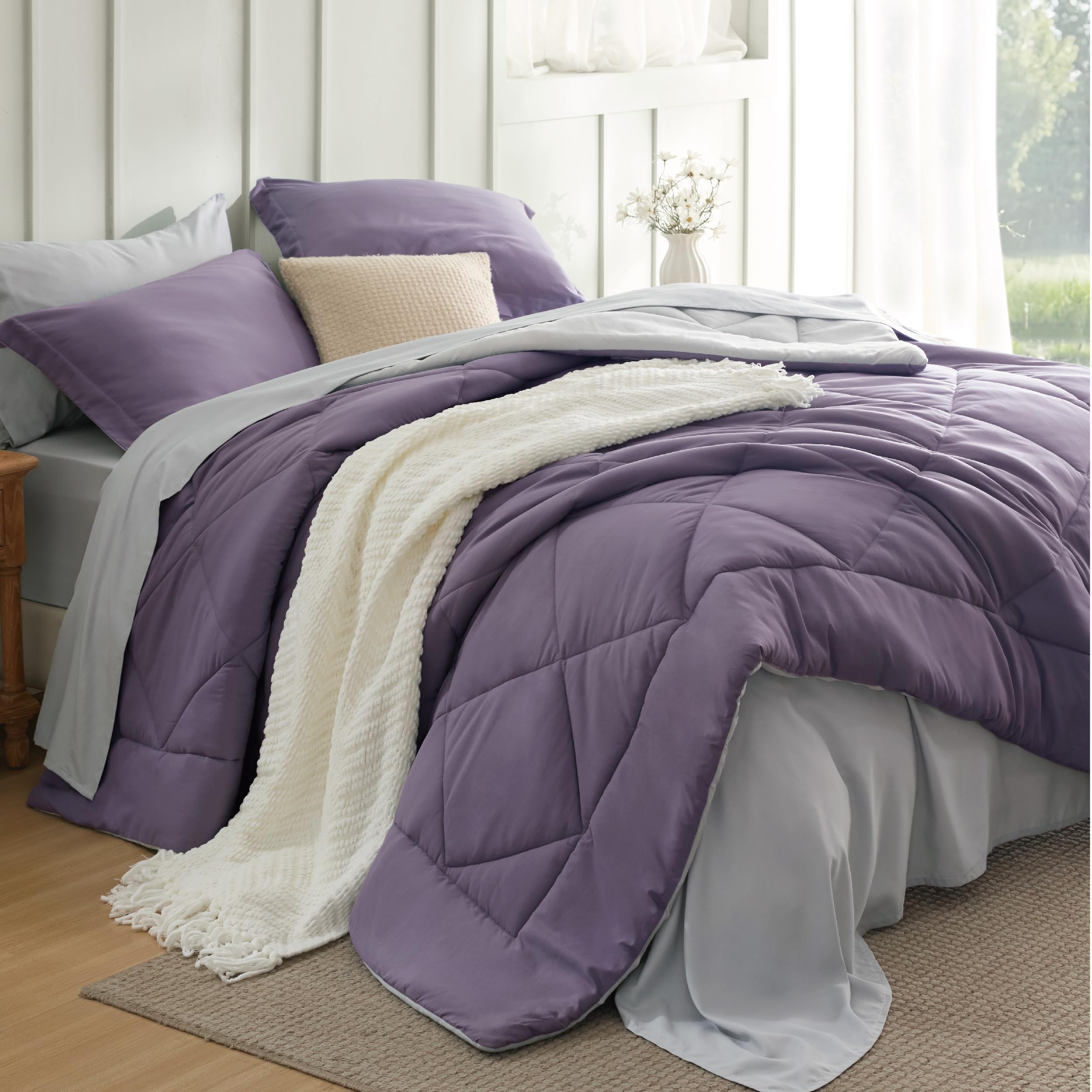 Bedsure Twin Comforter Set - 5 Pieces Reversible Grey Bedding, Twin Size Bed Set for All Seasons, Bed in a Bag with Down Alternative Comforter, Sheets, Pillowcase & Sham
