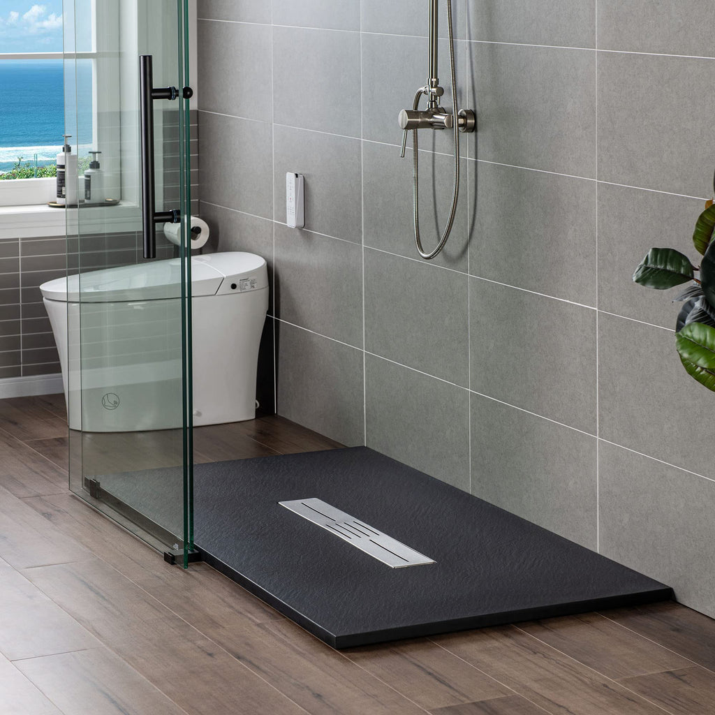 WOODBRIDGE 47.25 in L x 31.5 in W Zero Threshold Shower Base with Center Drain, Decorative Drain Plate, Tile Flange, Wheelchair Access, Low Profile, Black