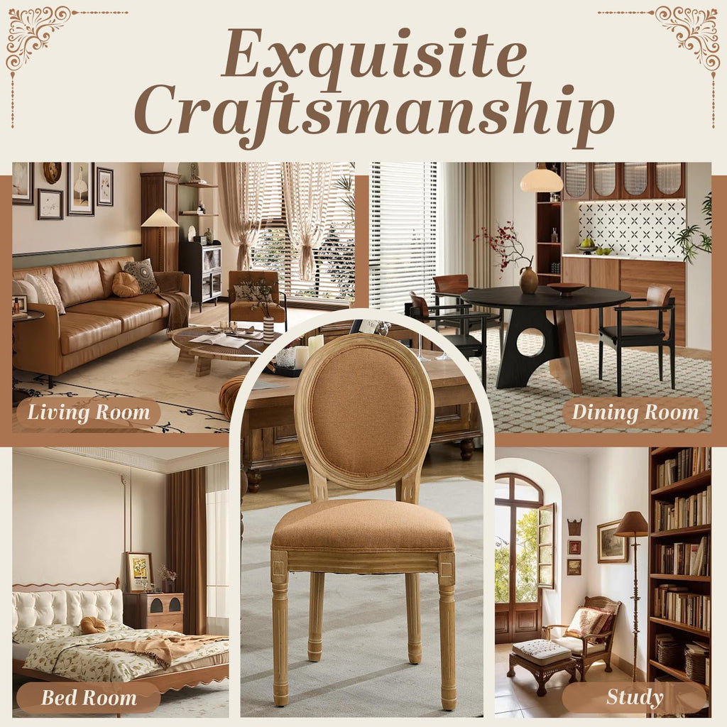 SoarFlash Linen French Dining Chairs Set of 2, Vantage Dining Chair with Round Back, Wood Leg Farmhouse Country Dining Chair for Living Room,Kitchen,Bedroom,Beige