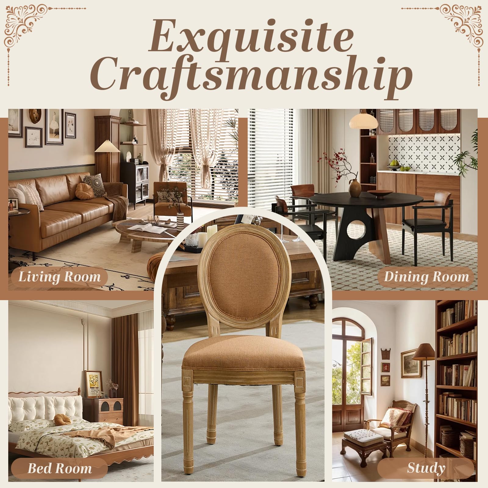 SoarFlash Linen French Dining Chairs Set of 2, Vantage Dining Chair with Round Back, Wood Leg Farmhouse Country Dining Chair for Living Room,Kitchen,Bedroom,Beige