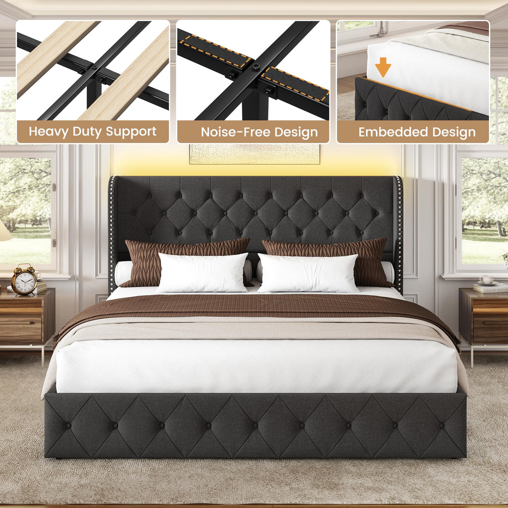 BRELTAM Full Size Bed Frame with Storage Drawers and Wingback Headboard Linen Upholstered Platform Bed Frame Tufted Beds with Heavy Duty Wood Slats, Noise Free, Easy Assembly, Beige