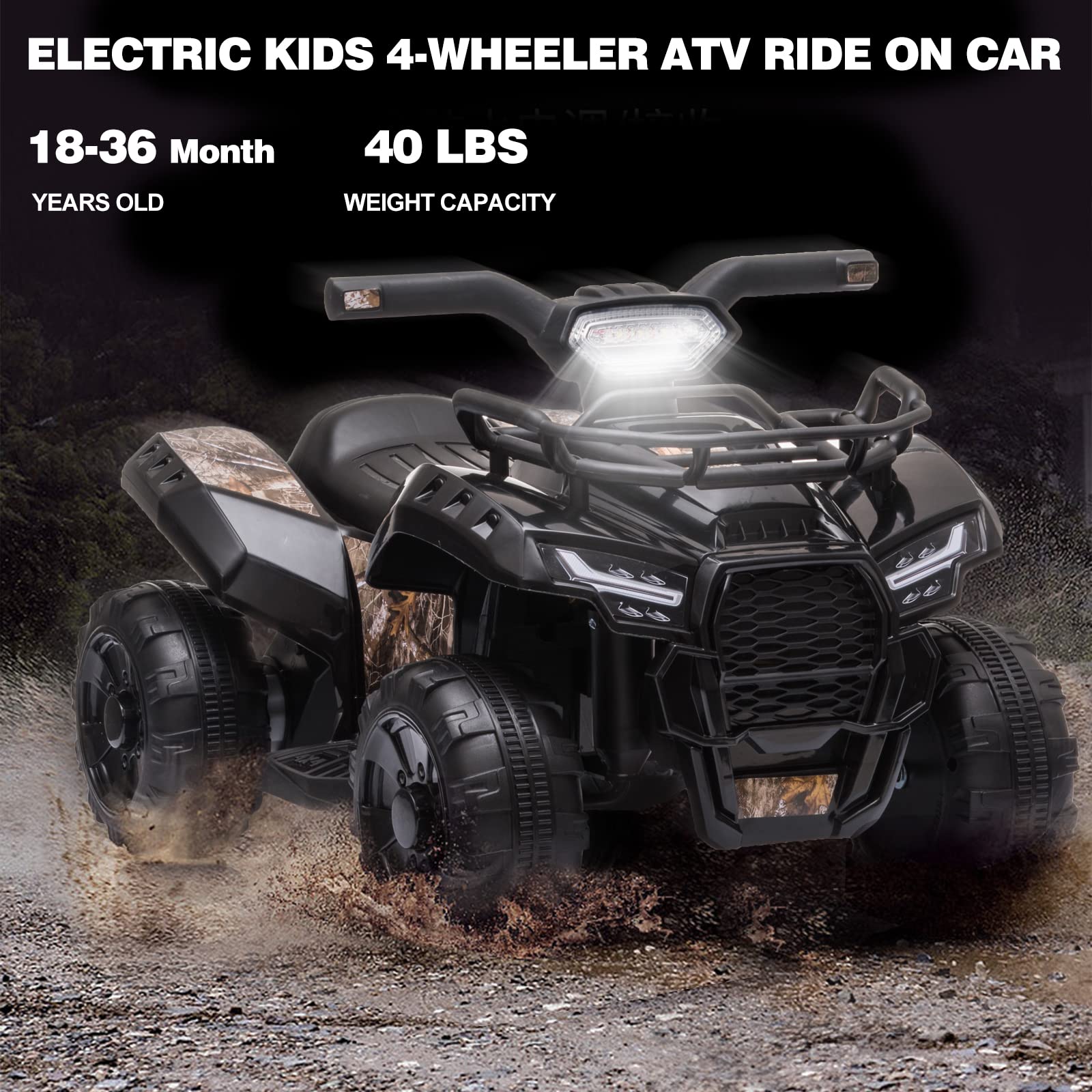 Kids Ride on ATV, 6V Battery Powered Kids Electric Vehicle, 4 Wheeler Quad w/Headlights, MP3, USB, Volume Control, Large Seat, Electric Ride on Toys Best Gifts for 18-36 Months Boys Girls (Black)
