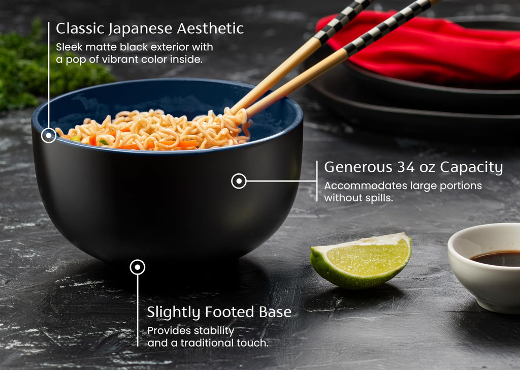 KooK Ramen Bowl, Japanese Bowls, Noodle Bowls, Large Soup Bowl, Ceramic, Large Capacity, For Ramen, Pho, Udon, Soba, Microwave and Dishwasher Safe, 34 oz, Set of 4 (Black/Navy)