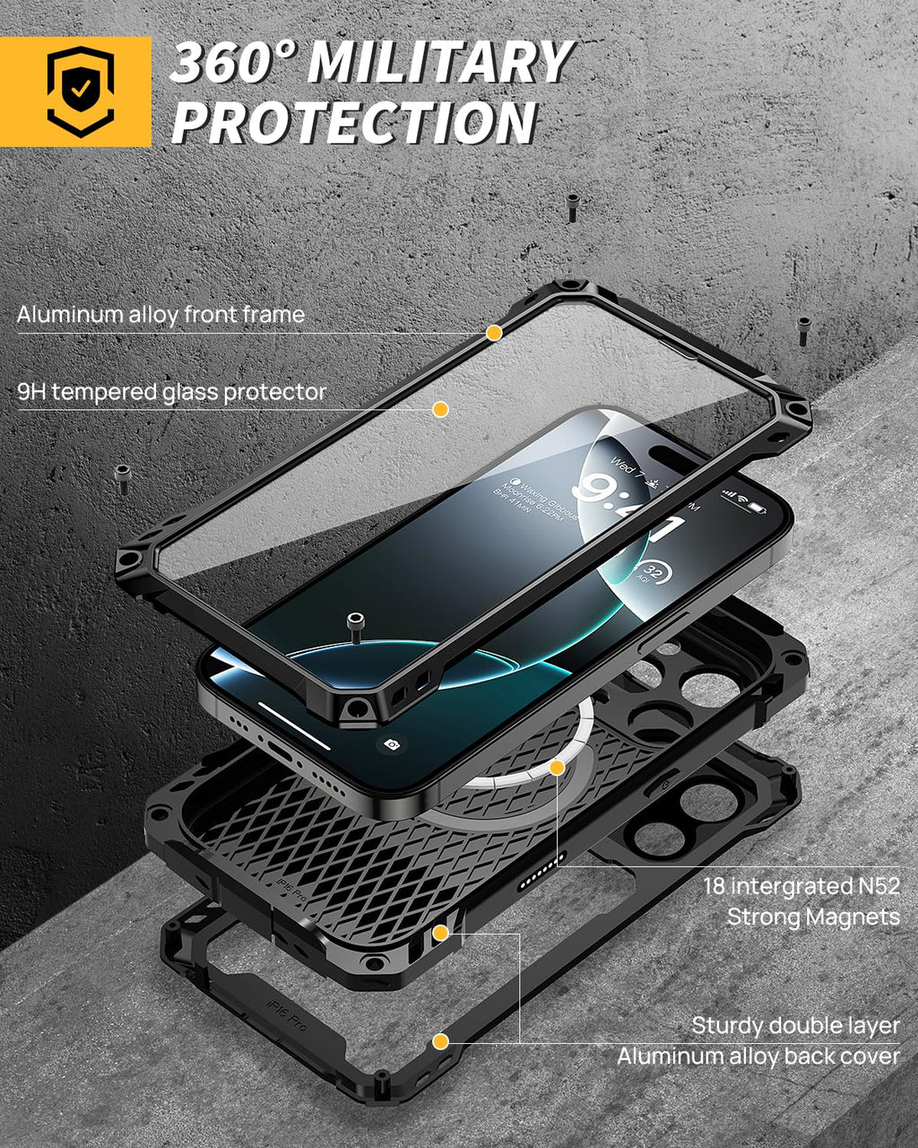 Lanhiem for iPhone 16 Metal Case with Camera Cover & Stand [Compatible with MagSafe] [Built-in Kickstand] [Military-Grade Protection] Heavy Duty Rugged Magnetic Phone Case, Black