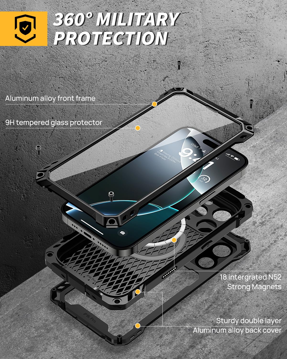 Lanhiem for iPhone 16 Metal Case with Camera Cover & Stand [Compatible with MagSafe] [Built-in Kickstand] [Military-Grade Protection] Heavy Duty Rugged Magnetic Phone Case, Black