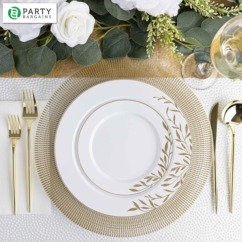 PARTY BARGAINS 13-Inch Charger Plates - 96 Pack, Clear Gold Rim, Heavy-Duty Disposable Chargers for Elegant Dining - Ideal for Weddings and Formal Events