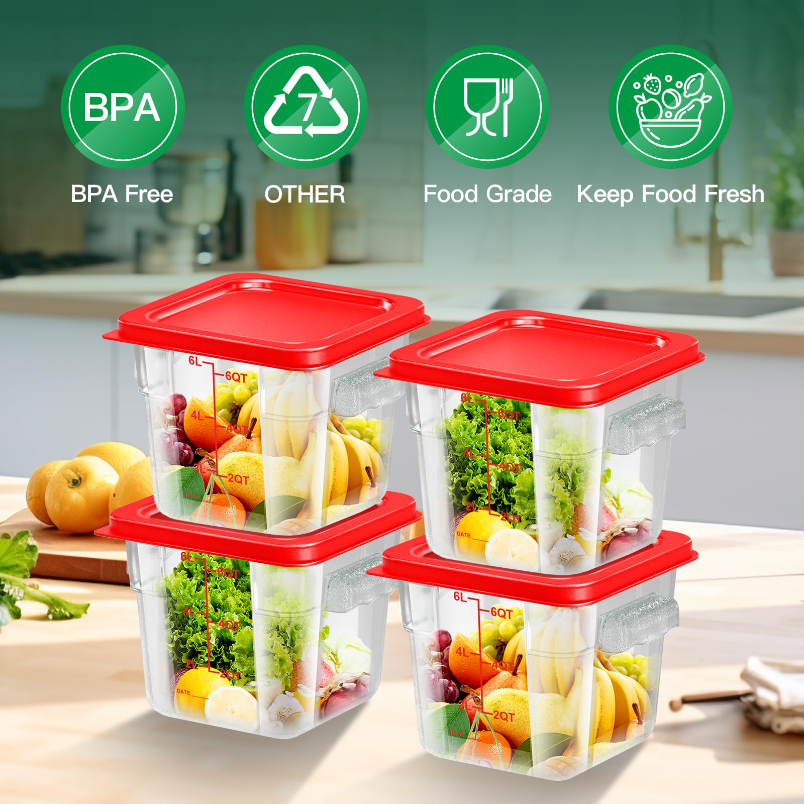 6 pcs 2qt Food Storage Containers with Lid, Square Clear Commercial Storage Containers with Handle and Scale for Food Storage in Home Kitchen & Dining (Green)
