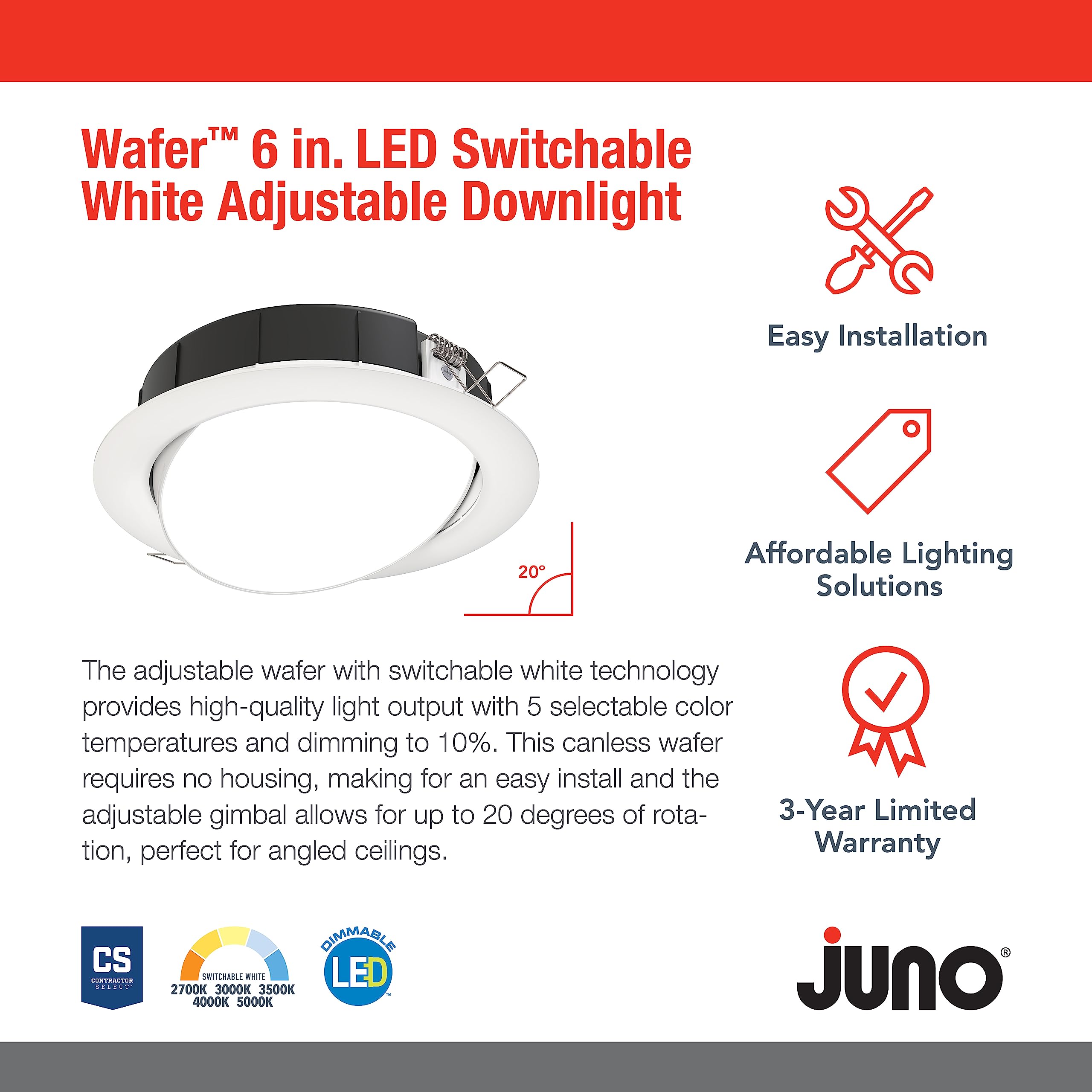 Juno LED Shower Light, Adjustable 4 Inch Wafer Downlight, Switchable Color Temperature 2700K/3000K/3500K/4000K/5000K, 90+ CRI, Matte White, 4-Inch