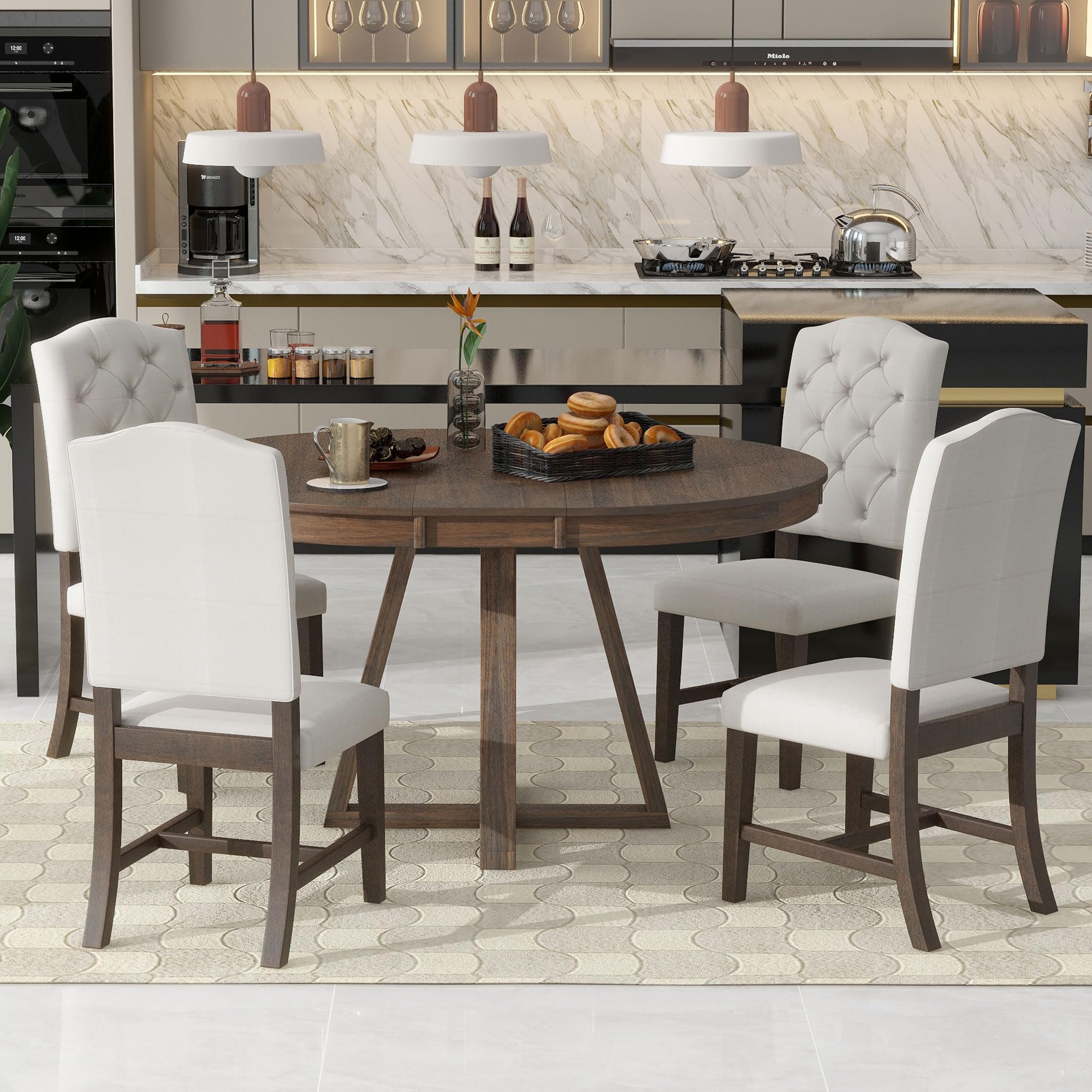 LUMISOL 5-Piece Dining Table Set for 4, Farmhouse Round Kitchen Table Set with Special Shaped Legs and 4 Upholstered Chairs for Kitchen, Dining Room, Small Space, Antique Blue
