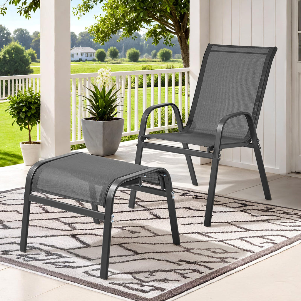 ONBRILL Outdoor Ottoman Set of 2, All Weather Outdoor Foot Stool with Supportive Textliene and Metal Frame, Stackable Oversized Outdoor Foot Rest for Furniture Patio Garden Pool, Beige