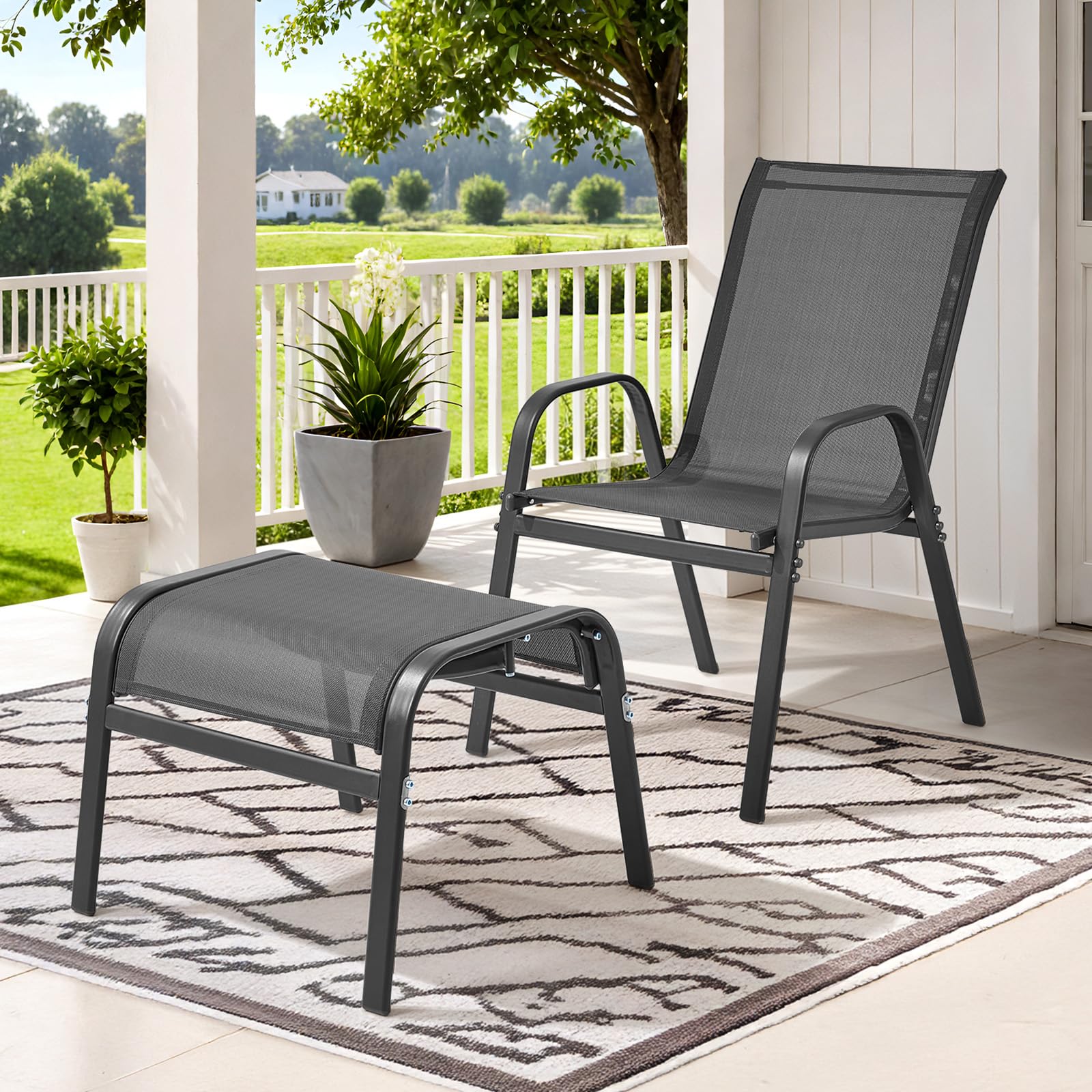 ONBRILL Outdoor Ottoman Set of 2, All Weather Outdoor Foot Stool with Supportive Textliene and Metal Frame, Stackable Oversized Outdoor Foot Rest for Furniture Patio Garden Pool, Beige
