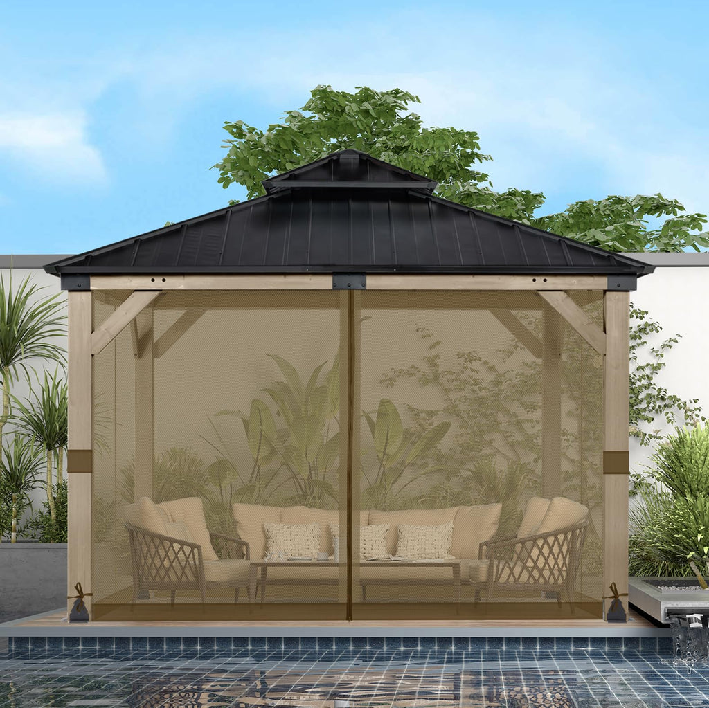 BPS 10' x 10' Gazebo Universal Mosquito Netting Screen Replacement, 4-Panel Mesh Screen Walls with Double Zippers for Outdoor Patio, Khaki (Mosquito Net Only)