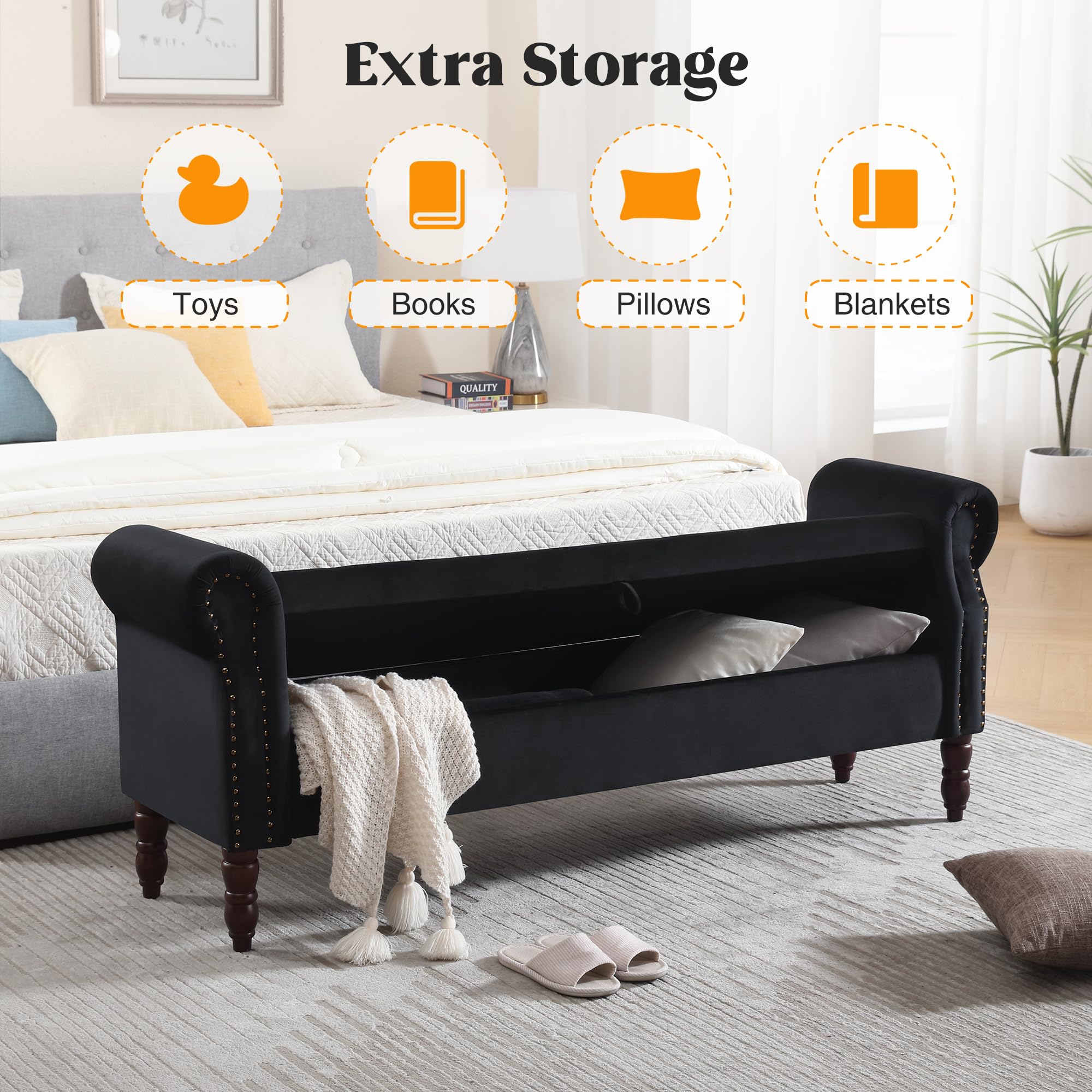 Storage Bench for Bedroom, 67" End of Bed Bench King Size, Velvet Bedroom Bench with Storage, Upholstered Tufted Storage Ottoman Benches with Arms for Bedroom, Entryway, Living Room, Beige