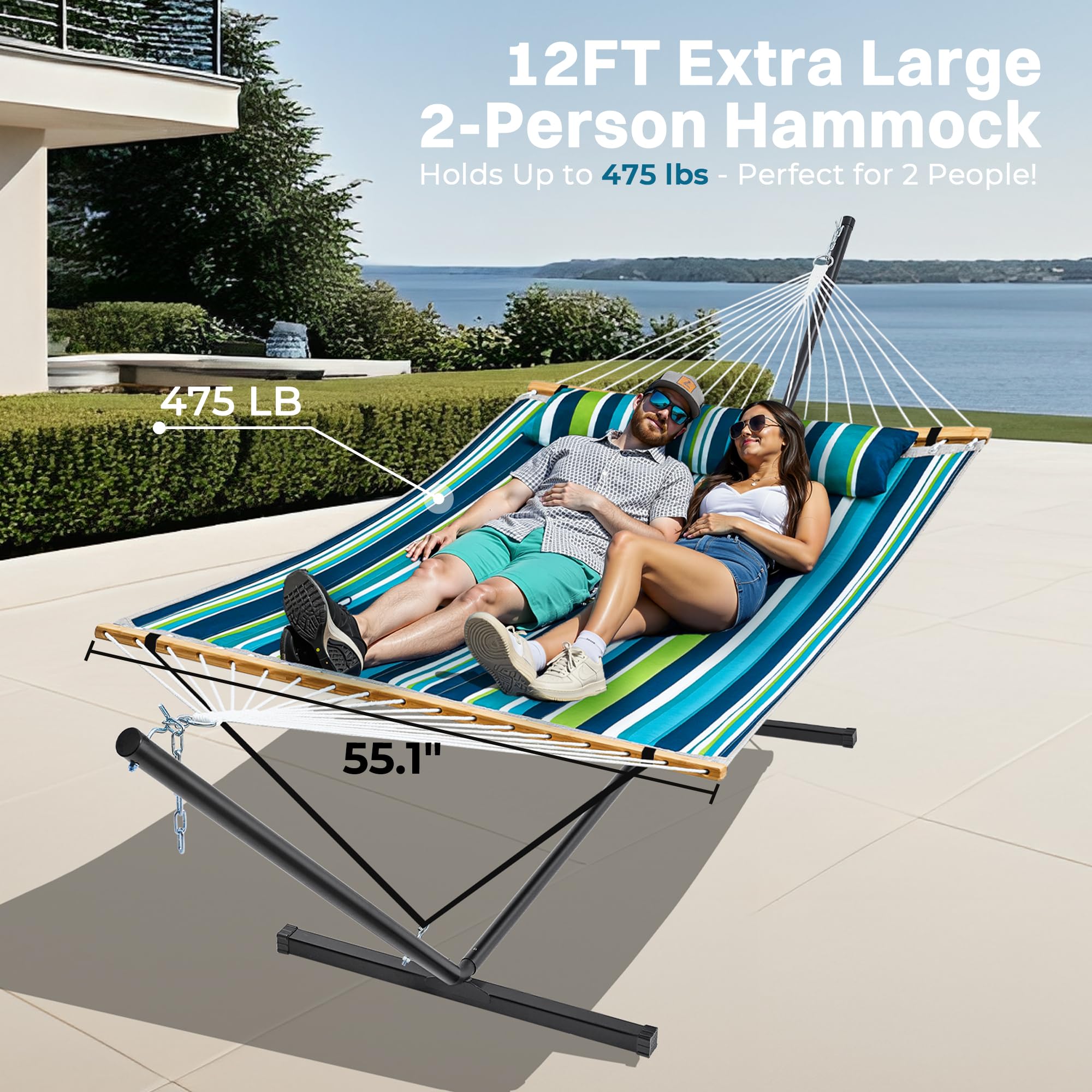 SUPERJARE Hammock with Stand, 2 Person Quilted Outdoor Hammock, Detachable Pillow & Bamboo Spreaders, Portable Hammock with Carrying Bag, Heavy Duty Stand, Perfect for Outside, Patio, Aqua Blue
