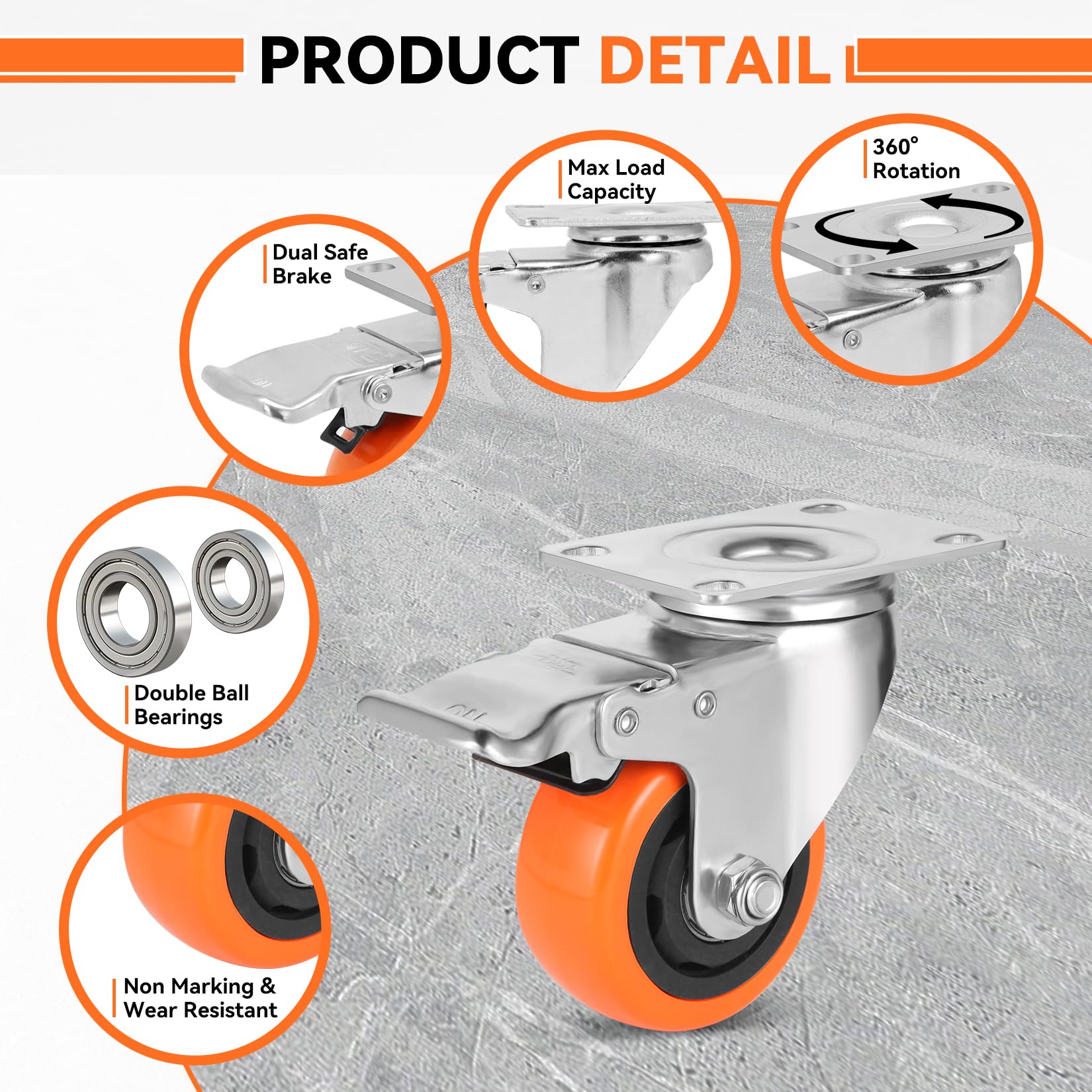 W B D WEIBIDA 2" Plate Caster Wheels Heavy Duty 600 Lbs Load Capacity Swivel Casters with Brake Set of 4, Safety Dual Locking, No Noise Wheels for Furniture, Carts (Screws and Screwdriver)