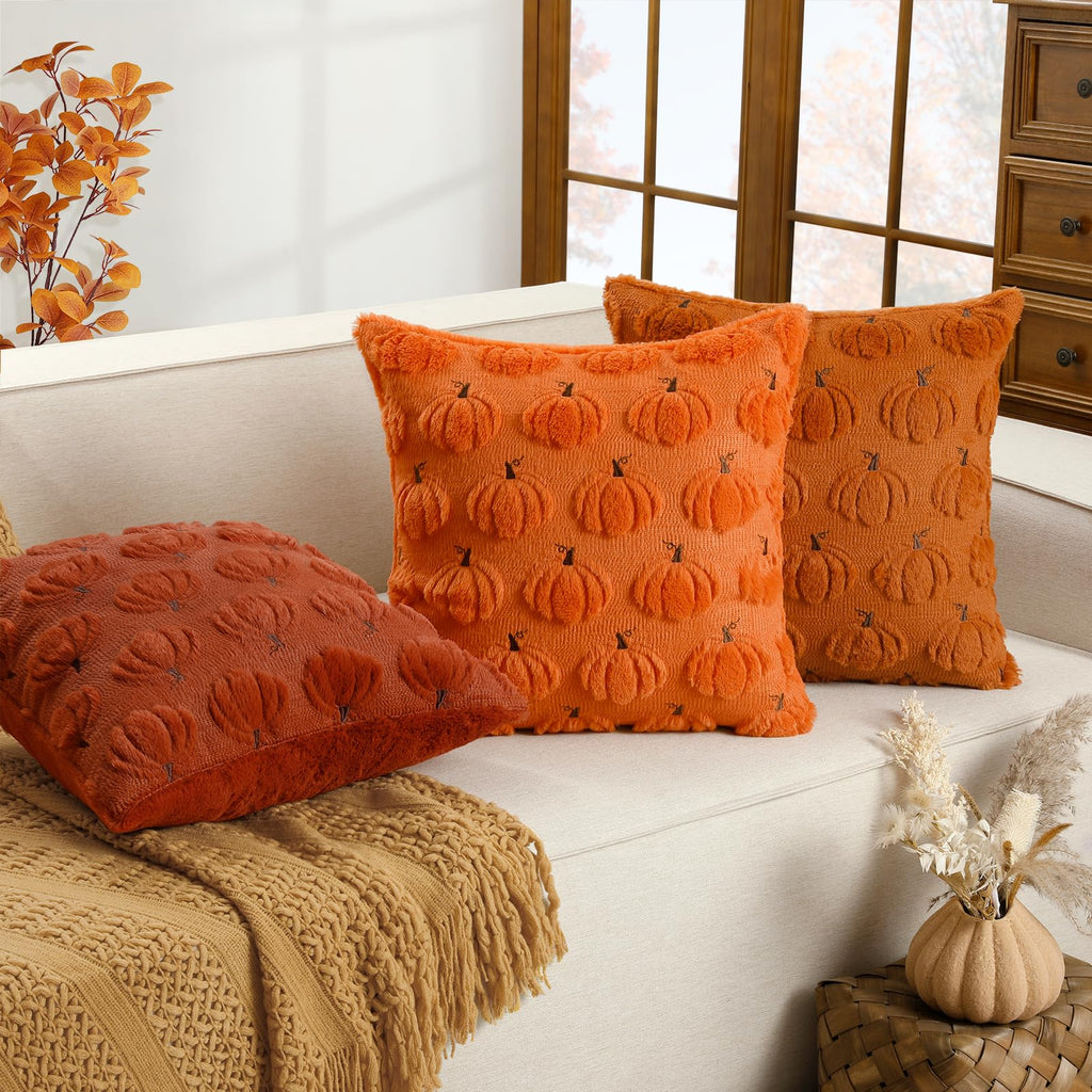 Fall Beige Pillow Covers 18x18 Set of 2 Double-Sided Pumpkin Plush | Boho farmhouse comfort with raised Autumn pumpkin embroidery, designed for living rooms, sofas, and cozy fall home decor.