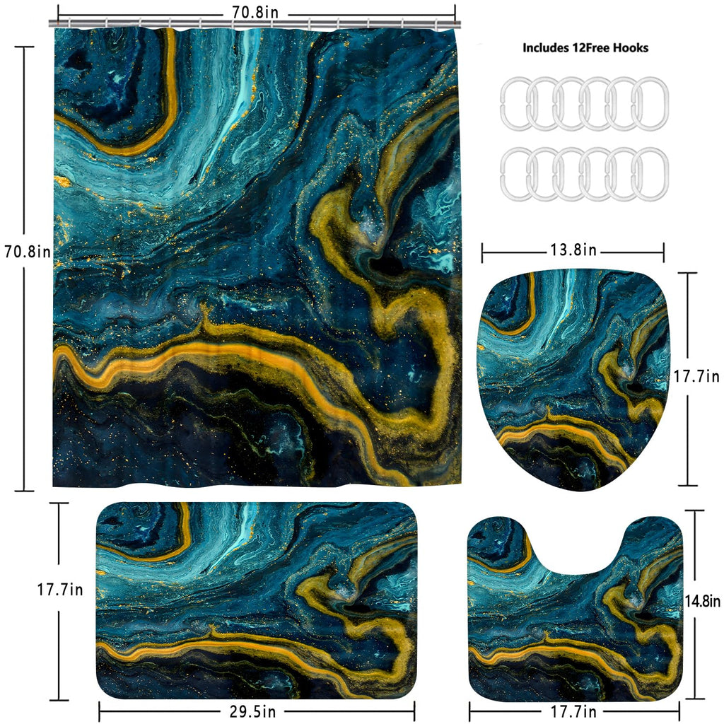 Nkzply 4 Pcs Black Marble Shower Curtain Sets with Rugs Gold Bathroom Sets with Shower Curtain and Rugs Modern Abstract Bathroom Decor Accessories Shower Curtains for Bathroom Toilet Lid Cover
