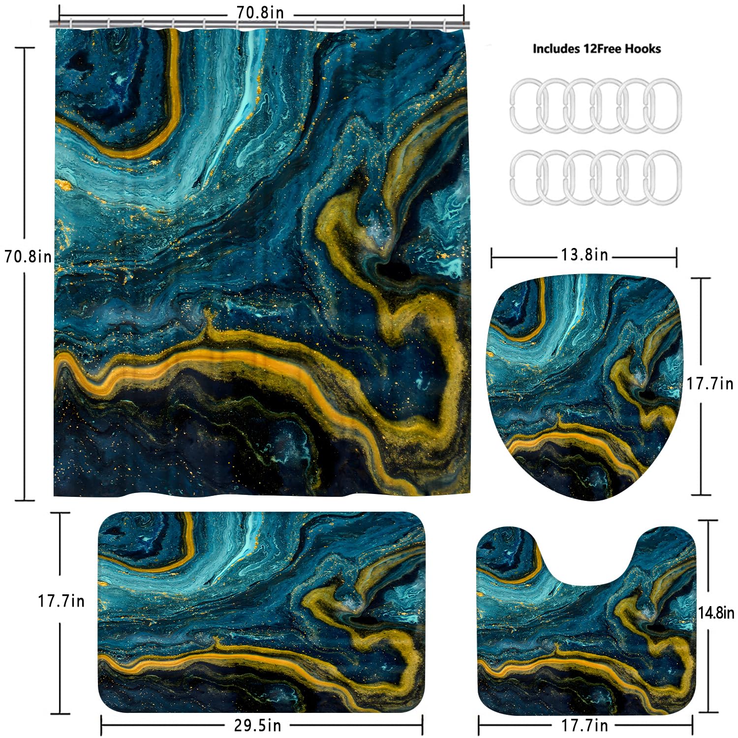 Nkzply 4 Pcs Black Marble Shower Curtain Sets with Rugs Gold Bathroom Sets with Shower Curtain and Rugs Modern Abstract Bathroom Decor Accessories Shower Curtains for Bathroom Toilet Lid Cover