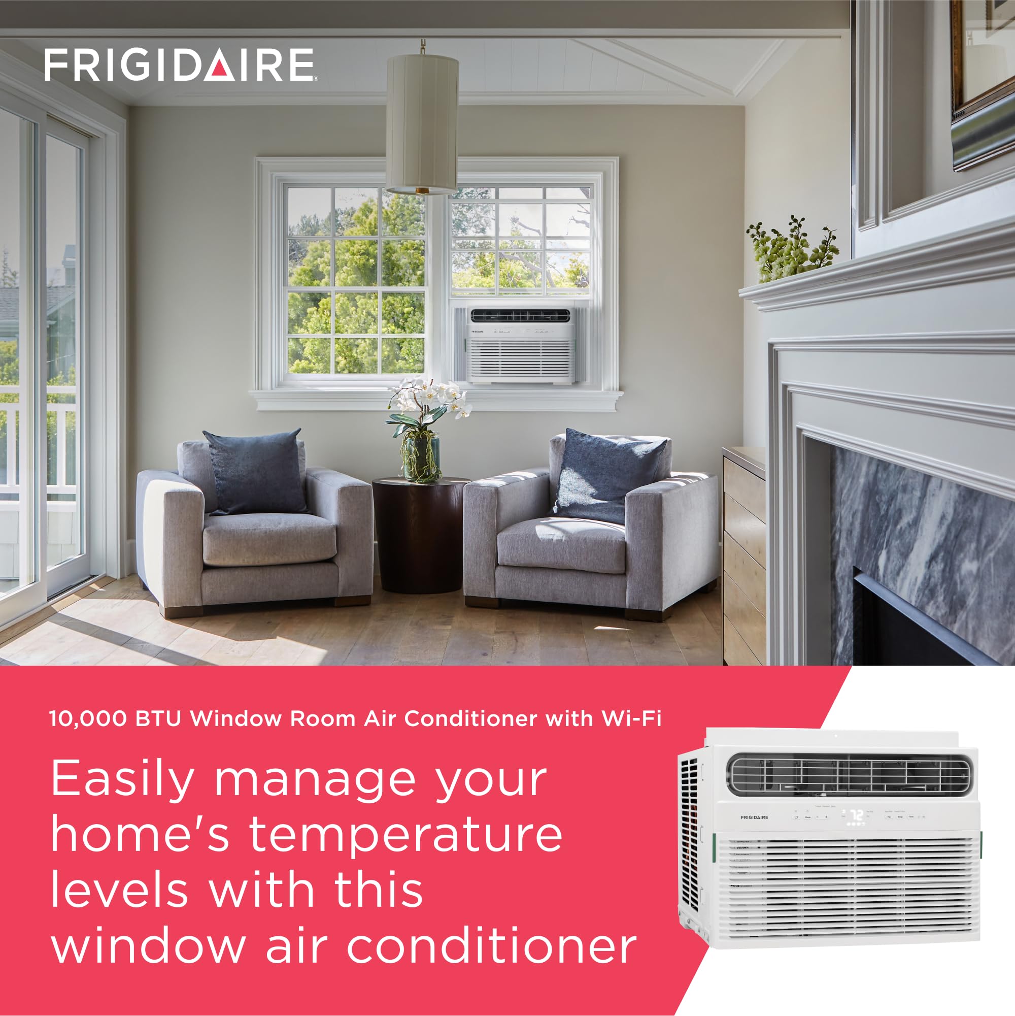 Frigidaire 8,000 BTU Smart Window Air Conditioner with Wi-Fi, Cools Up to 350 Sq. Ft., Remote Control, Quiet Operation, Eco Mode, 3 Fan Speeds, White