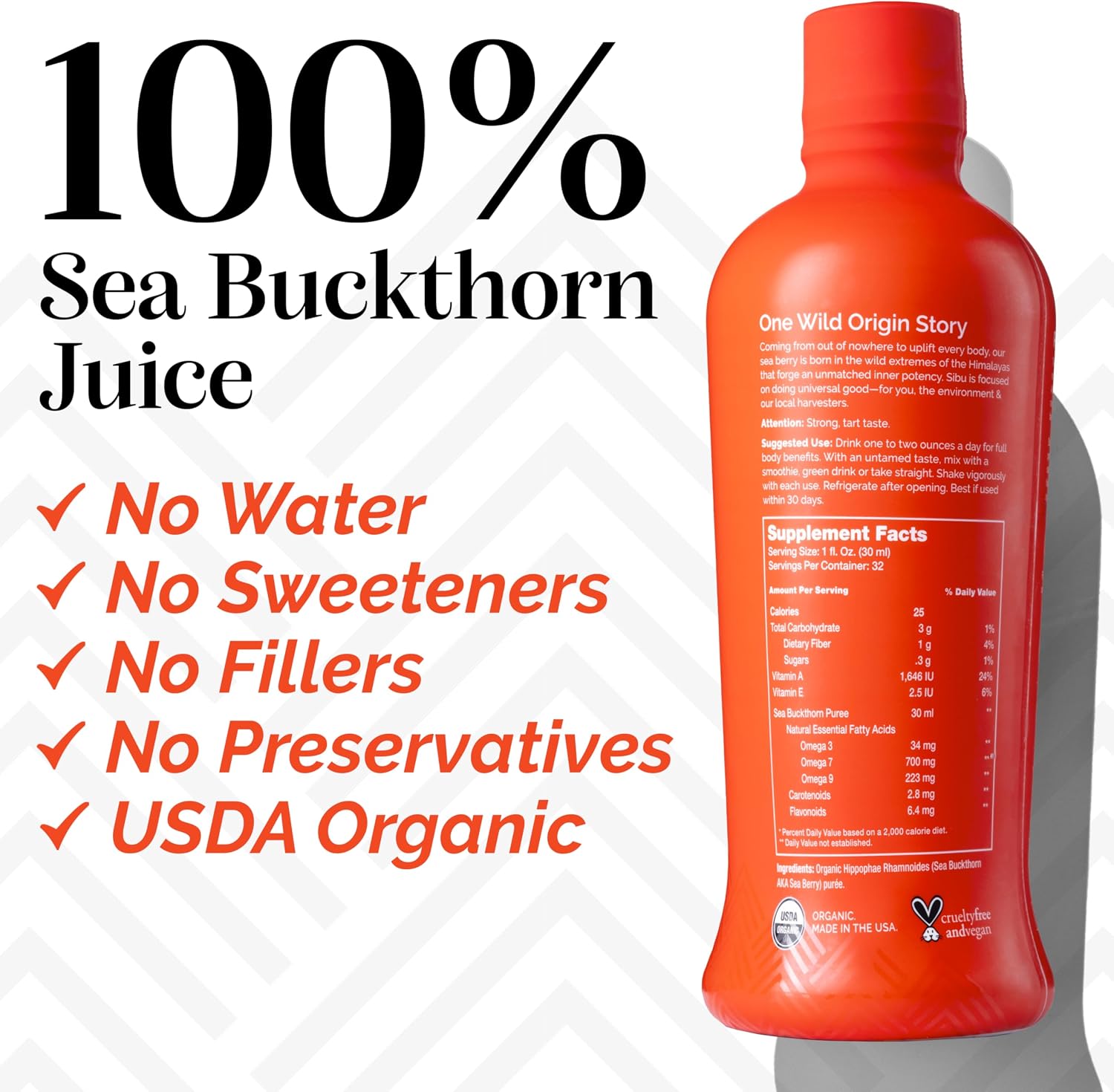sibu Omega-7 Pure, 100% Pure Sea Buckthorn Juice (32 oz) USDA Organic