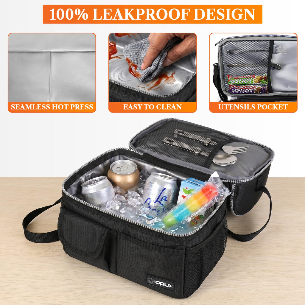 opux Insulated Lunch Bag Women Men, Dual Compartment Leakproof Lunch Box Adults Kids, Double Decker Meal Prep Bento Lunch Cooler Tote with Shoulder Strap for Work Office School Travel, Black