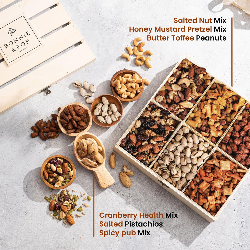Nut Gift Basket, in Reusable Wooden Crate, Healthy Fathers Day Gift Option, Gourmet Snack Food Box, with Unique Flavors, Great for Feel Better, Sympathy & Birthday- Bonnie & Pop