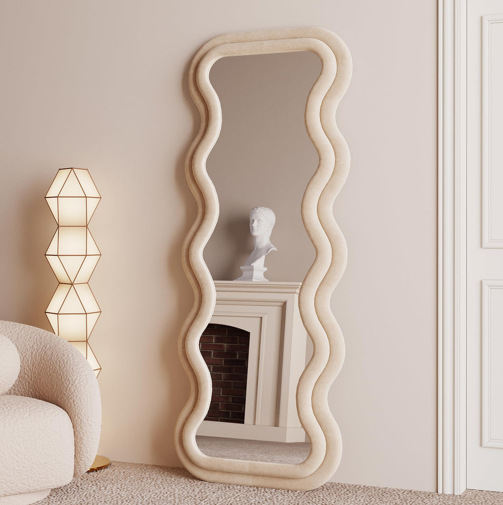 BOJOY Full Length Mirror, 63" x 24" Wall Mirror, Flannel Wrapped Wooden Frame Floor Mirror, Irregular Wavy Mirror Hanging or Leaning Against Wall for Cloakroom/Bedroom/Living Room, Black