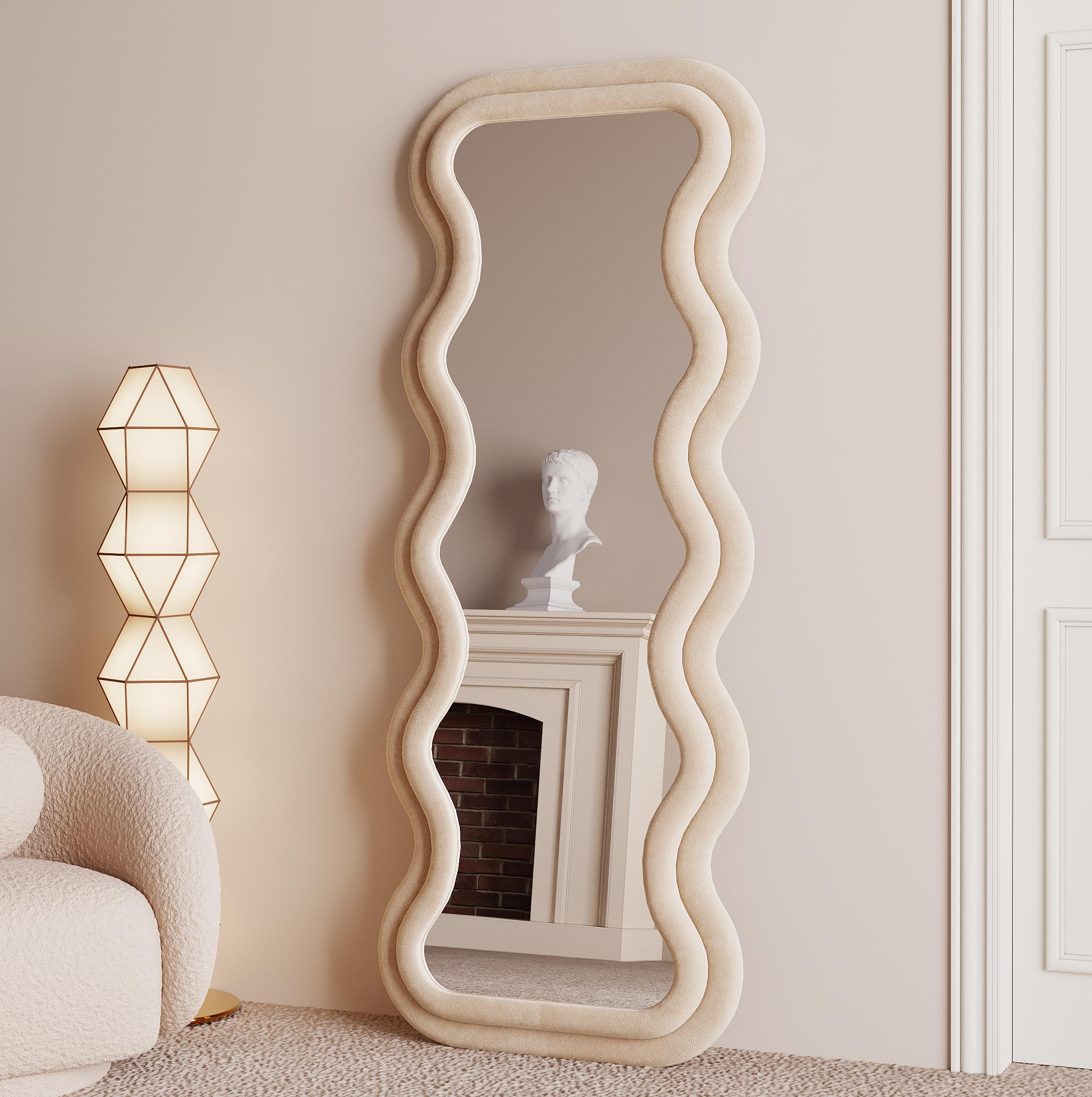 BOJOY Full Length Mirror, 63" x 24" Wall Mirror, Flannel Wrapped Wooden Frame Floor Mirror, Irregular Wavy Mirror Hanging or Leaning Against Wall for Cloakroom/Bedroom/Living Room, Black