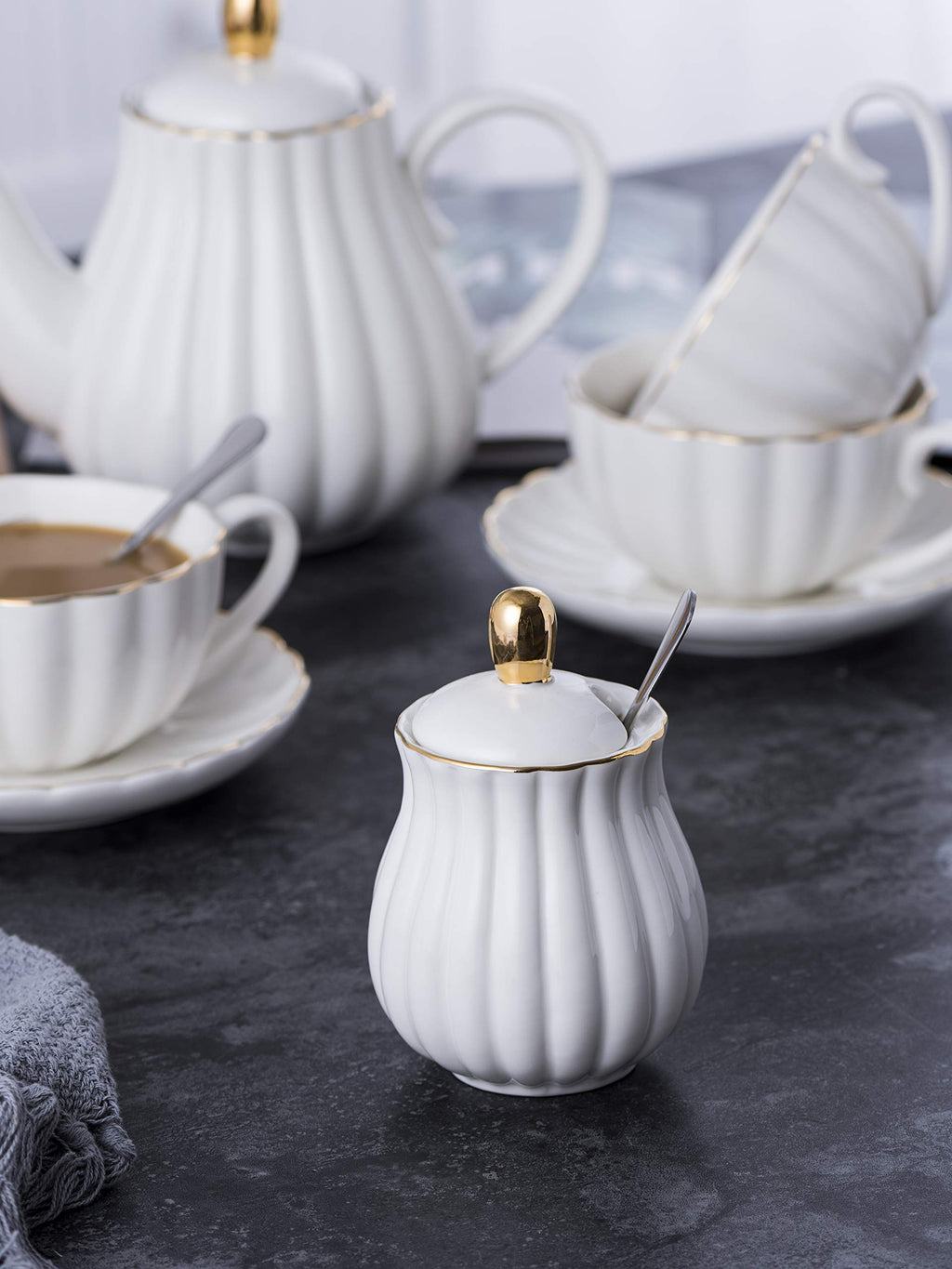 Jusalpha Serve for 6- Fine China Pink Coffee Cup/Teacup Set, 8 OZ Cups& Saucer, with Teapot-Sugar Bowl-Cream Pitcher Teaspoons and tea strainer for Tea/Coffee (Lavender, Serve of 6)
